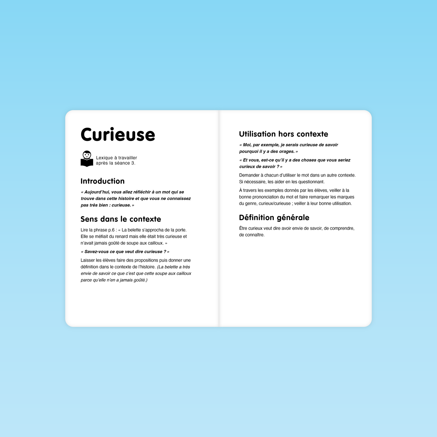 Fiche de lexique autour du mot curieuse dans La soupe aux cailloux pour la grande section
