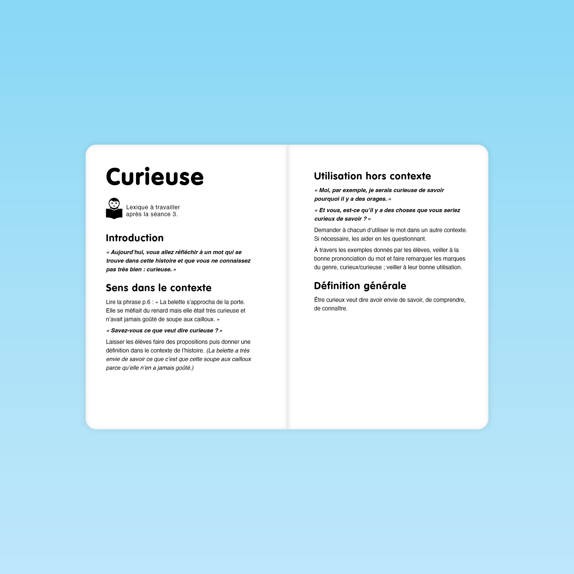 Fiche de lexique autour du mot curieuse dans La soupe aux cailloux pour la grande section