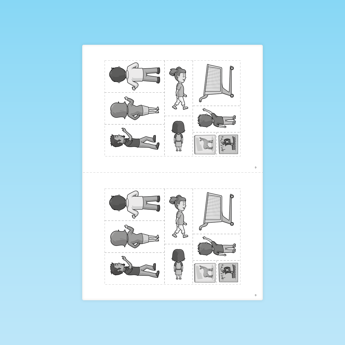 planche de fiches P1 compréhension de la langue avec cartes en noir et blanc illustrant différentes positions de personnages à découper