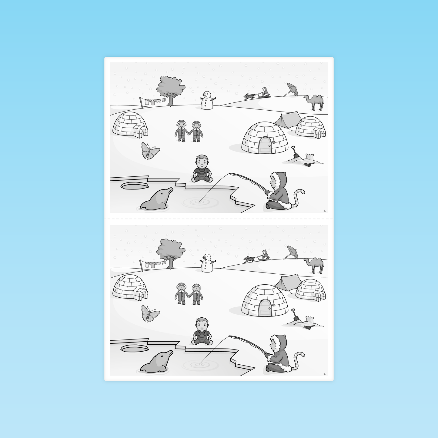 planche de fiches GS en niveaux de gris pour repérer les différences dans une grande scène hivernale avec igloos, bonhomme de neige et pêcheur