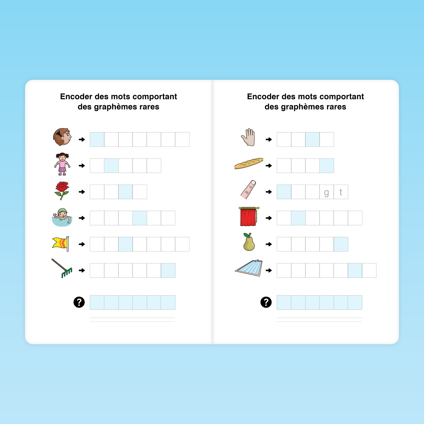 fiche CP pour encoder des mots comportant des graphèmes rares à l’aide d’illustrations variées et cases à compléter