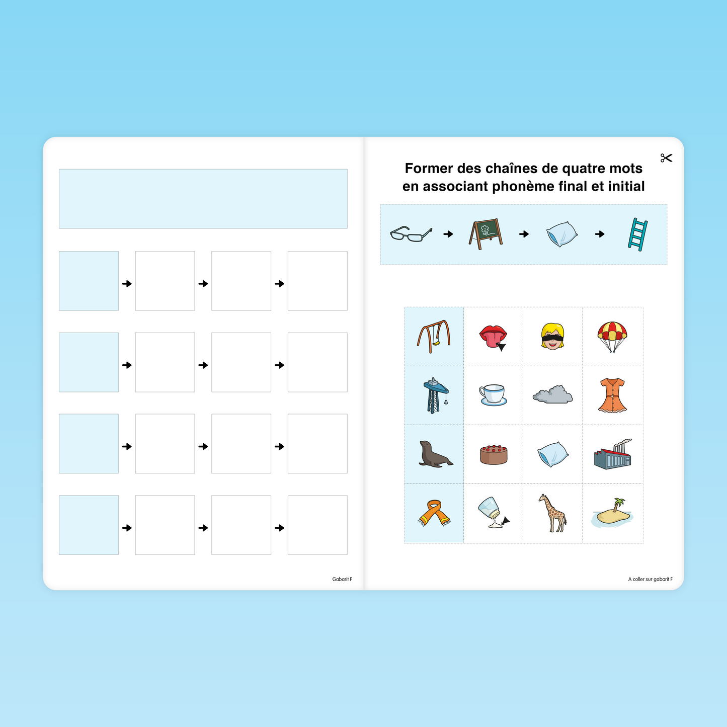 fiche CP pour former des chaînes de mots en associant phonème final et initial avec des images à découper et organiser