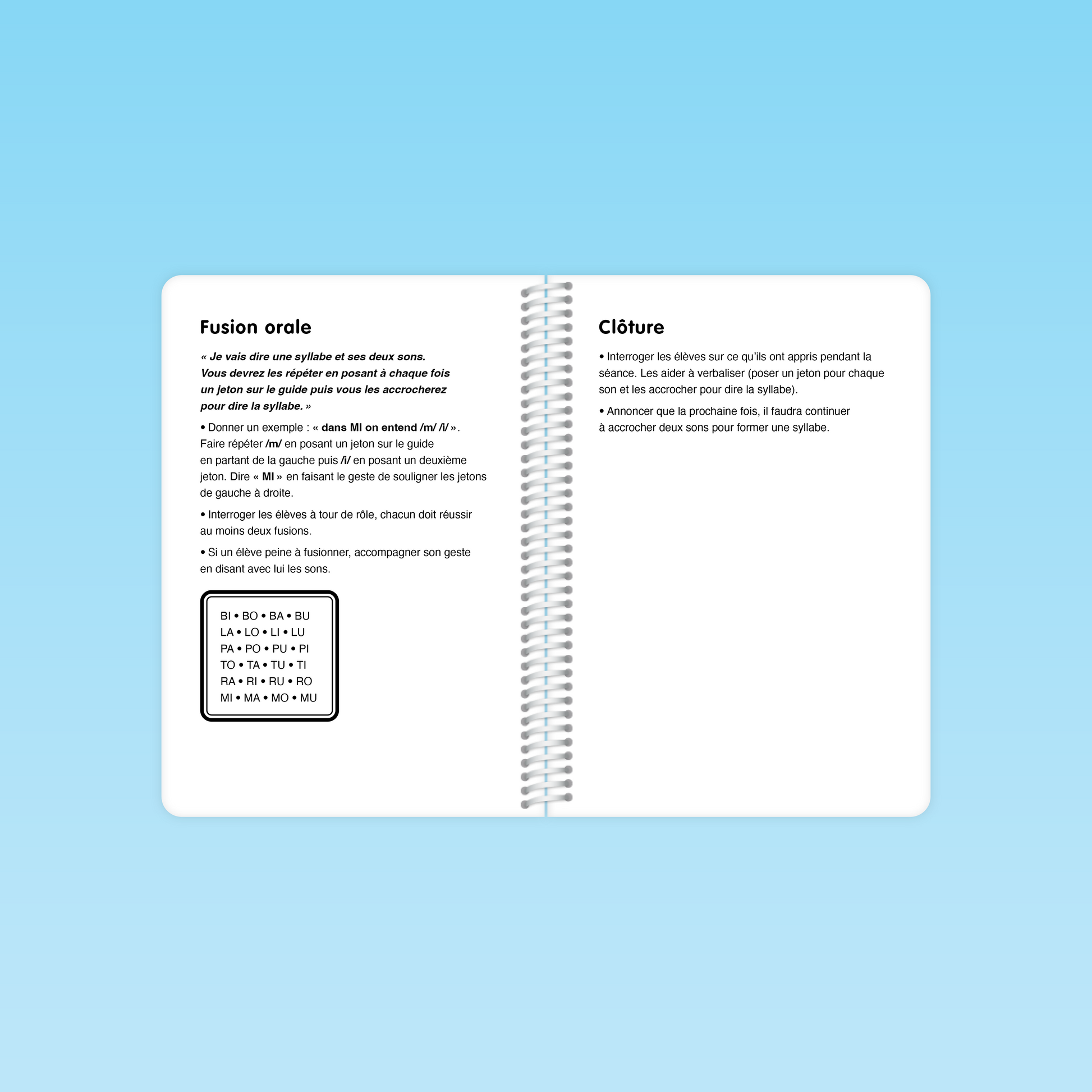 Consigne illustrée pour la fusion orale de syllabes dans le guide de conscience phonologique GS