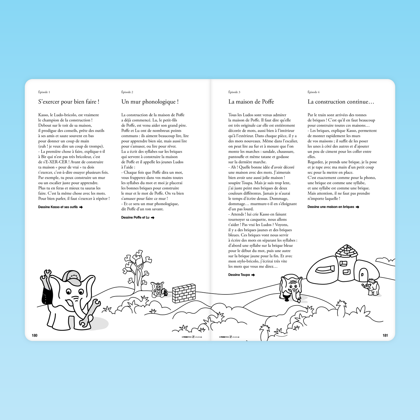 pages d’histoire avec Kasso, Poffe et Topop pour introduire les exercices phonologiques