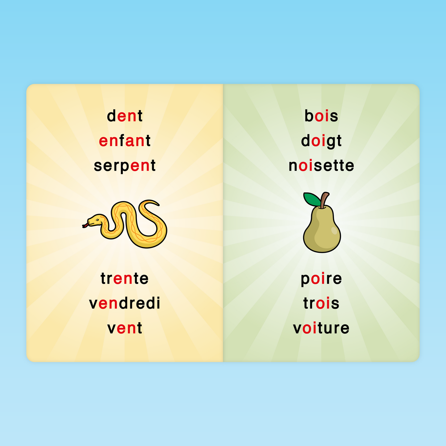 mots illustrés avec les graphèmes complexes an et oi dans l’imagier CP CE