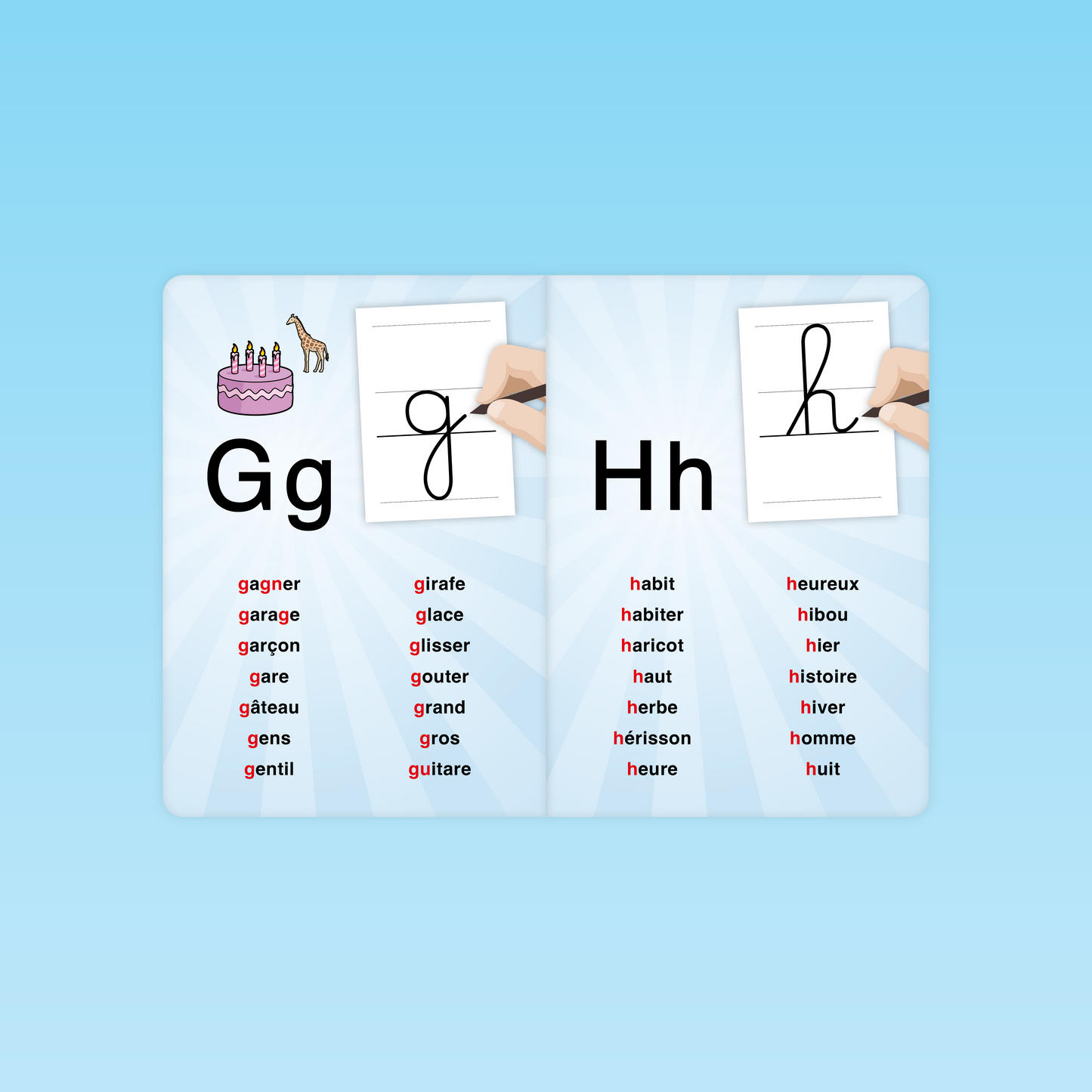 pages de l’imagier modèles de lettres CP avec les lettres G et H, illustrations d’un gâteau et d’un hérisson, et mots commençant par g et h