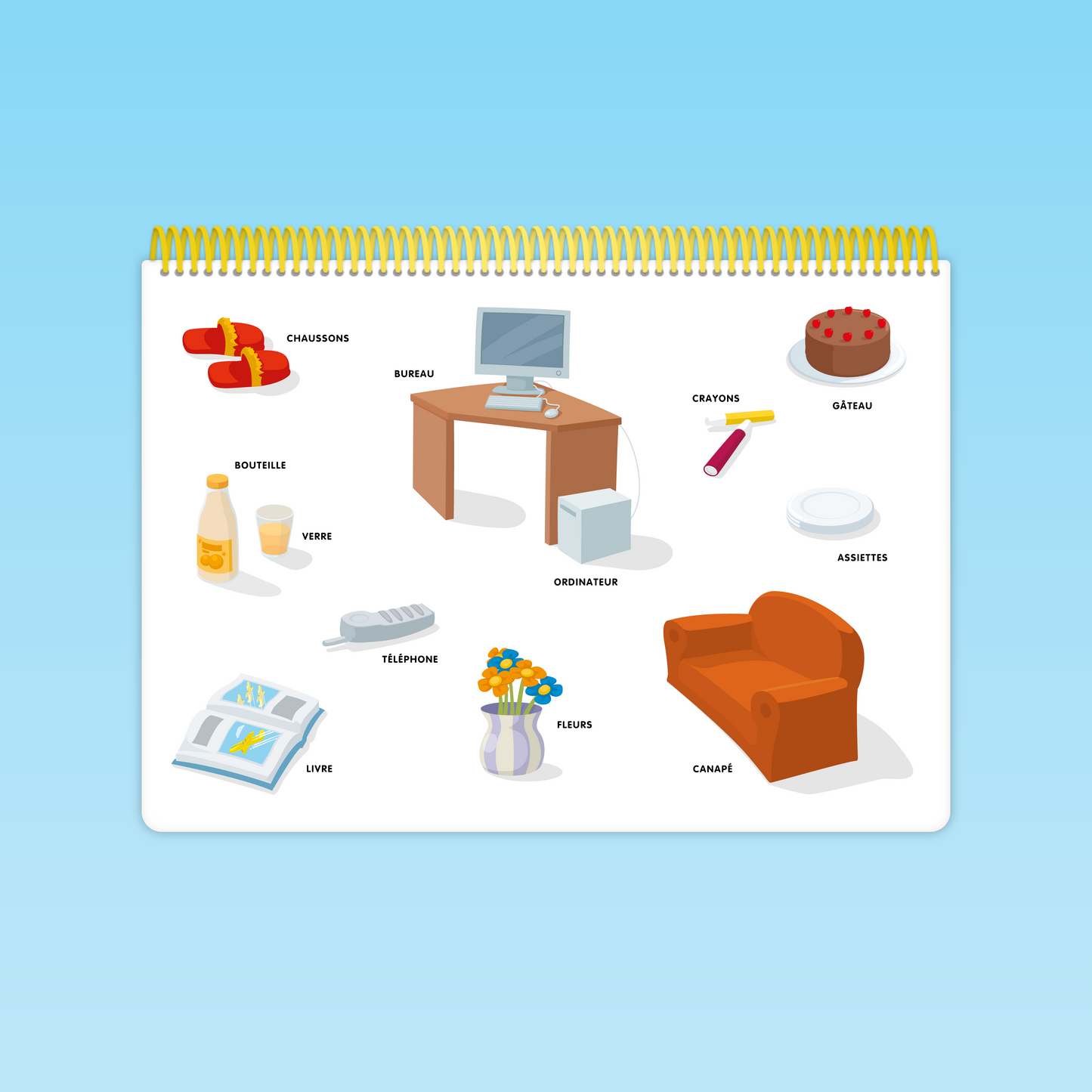 Carte de l’imagier Parler Bambin avec des objets du quotidien : canapé, bureau, bouteille, ordinateur, gâteau, livre, etc.