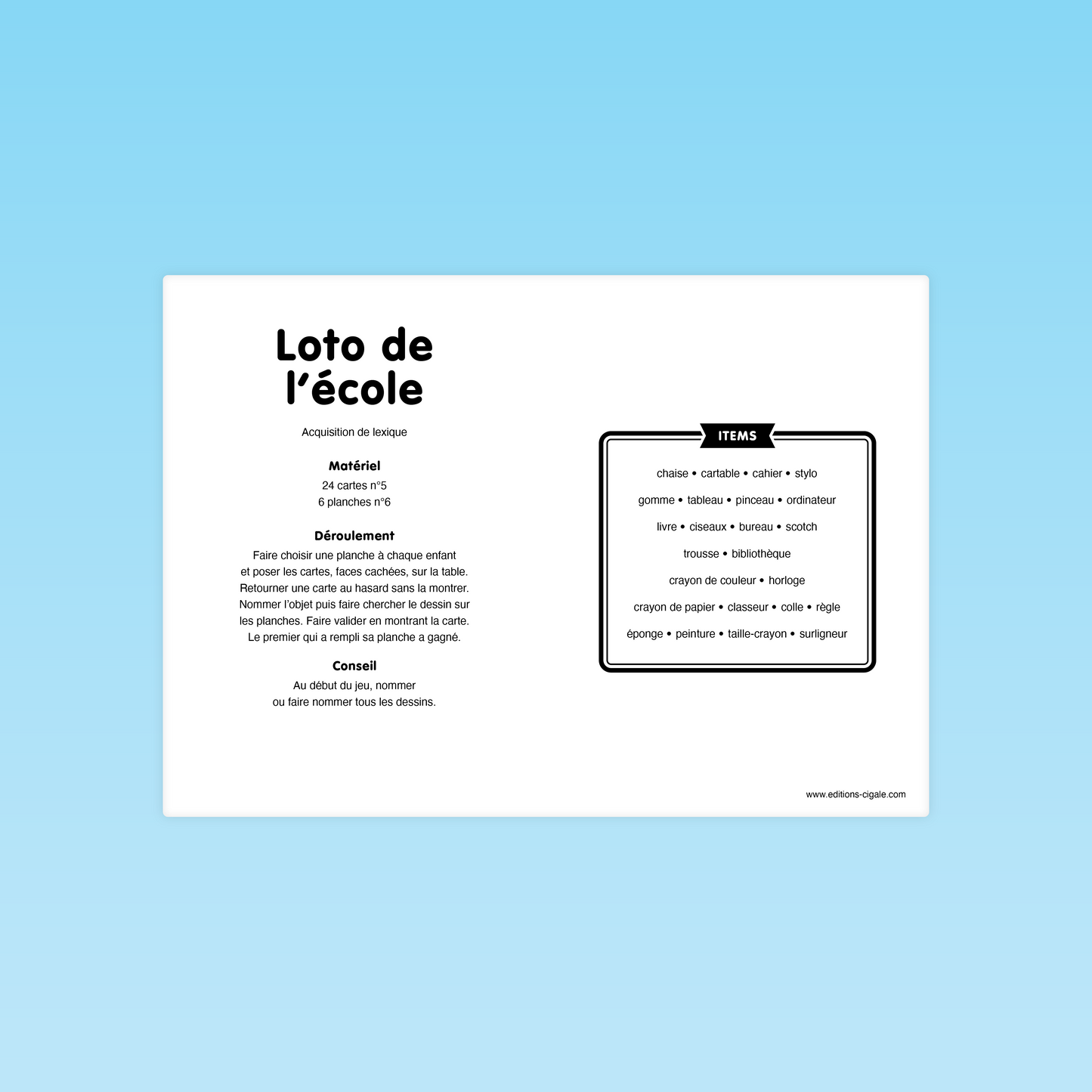 Règle du jeu Loto de l’école – apprentissage du vocabulaire en maternelle