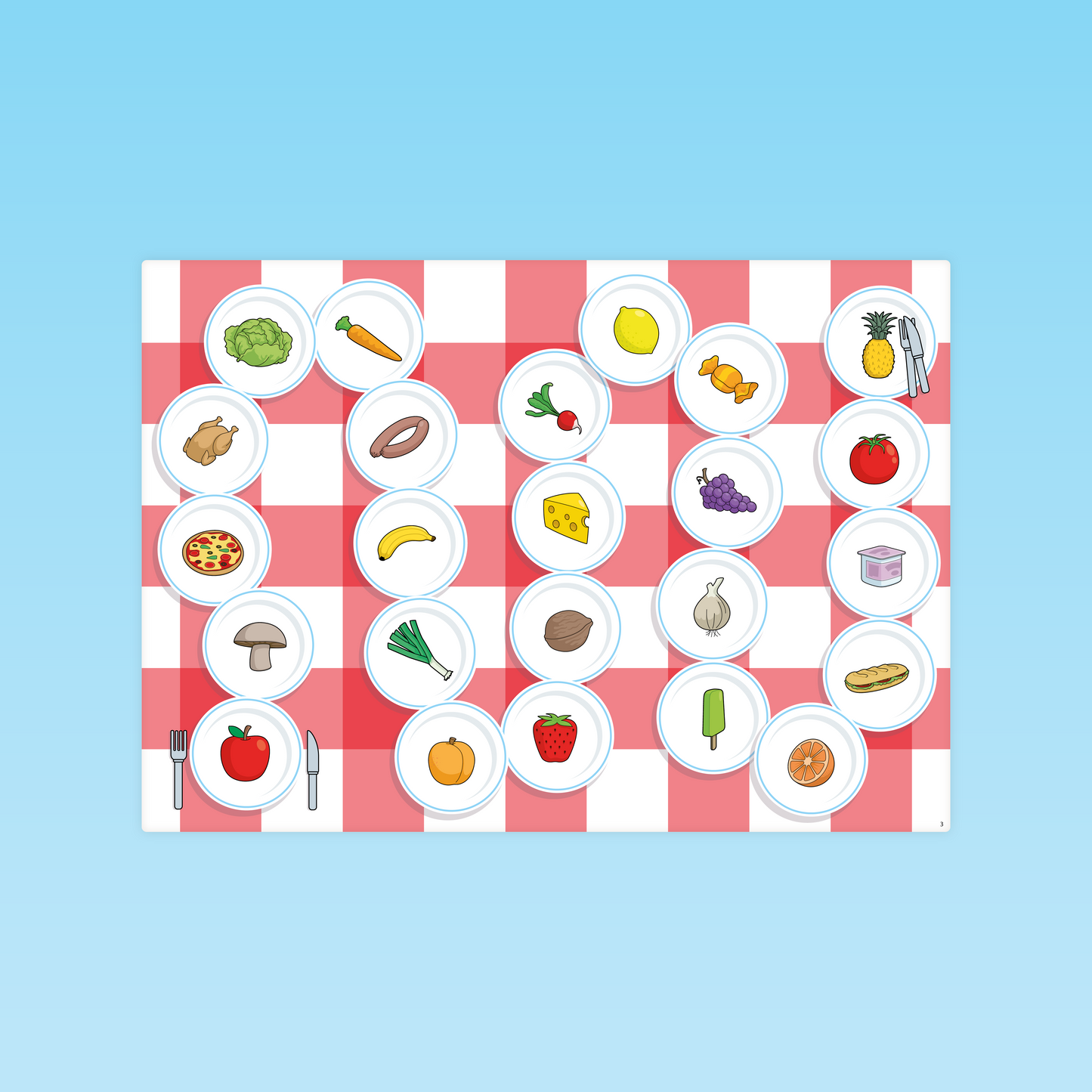 Plateau du jeu Le bon repas illustré d’aliments pour apprendre à compter jusqu’à 6