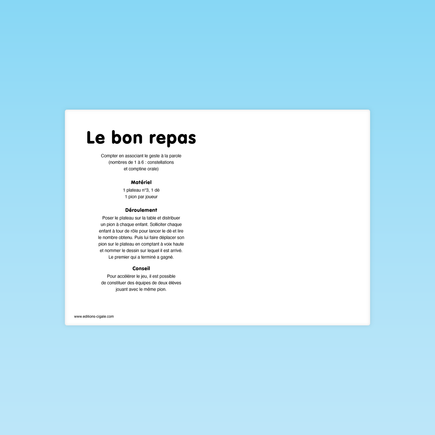 Règle du jeu Le bon repas pour travailler la comptine numérique et le dénombrement