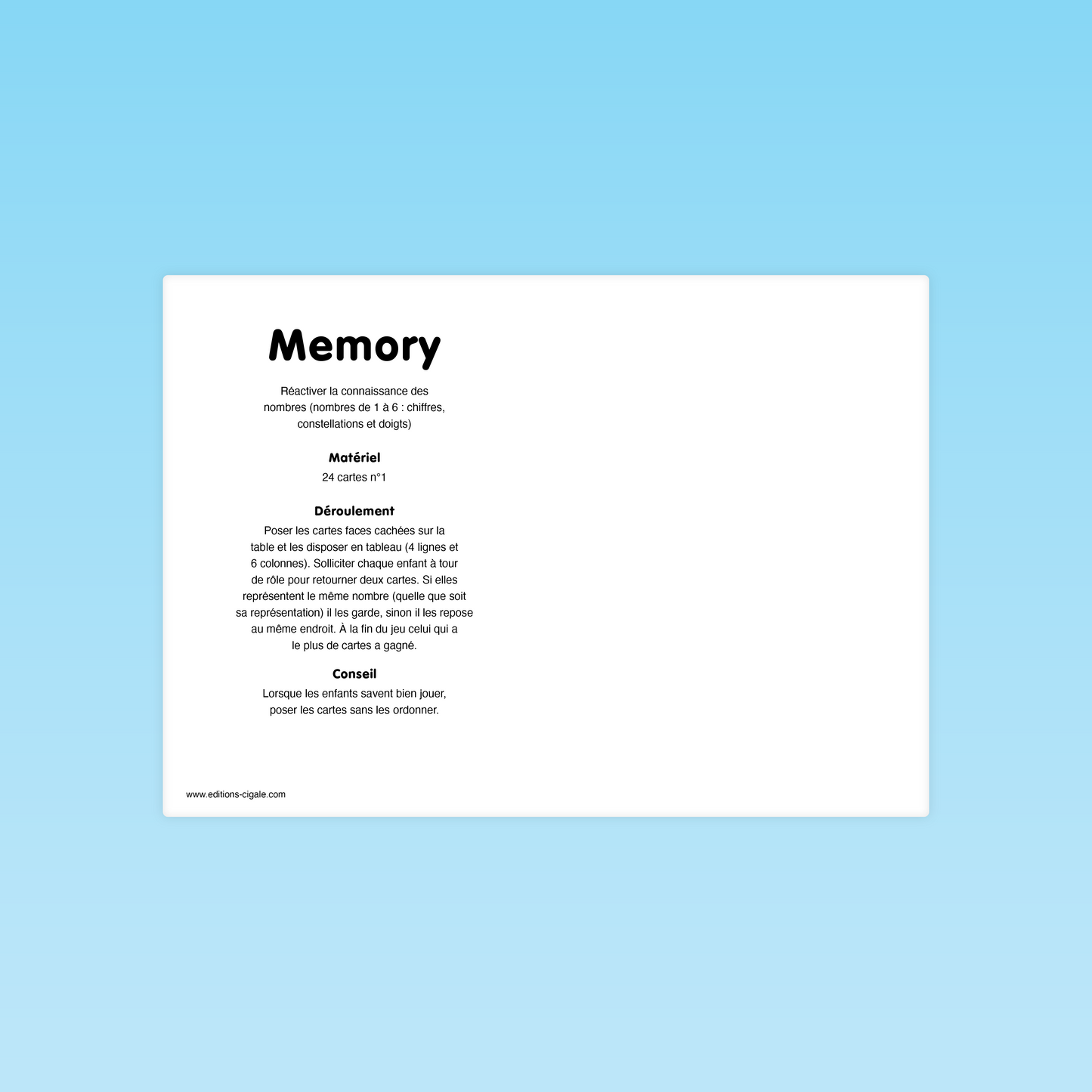 Règle du jeu Memory des nombres – apprentissage des représentations du nombre