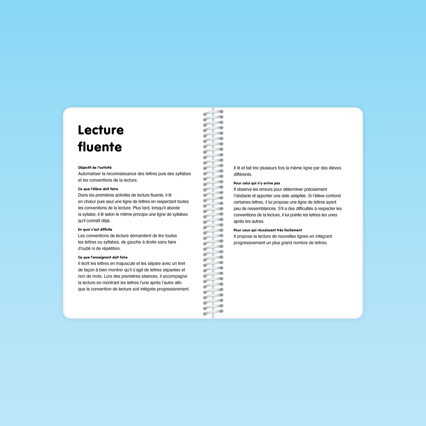 double-page de l’activité « Lecture fluente » du guide de code alphabétique GS avec objectifs, consignes et accompagnement.