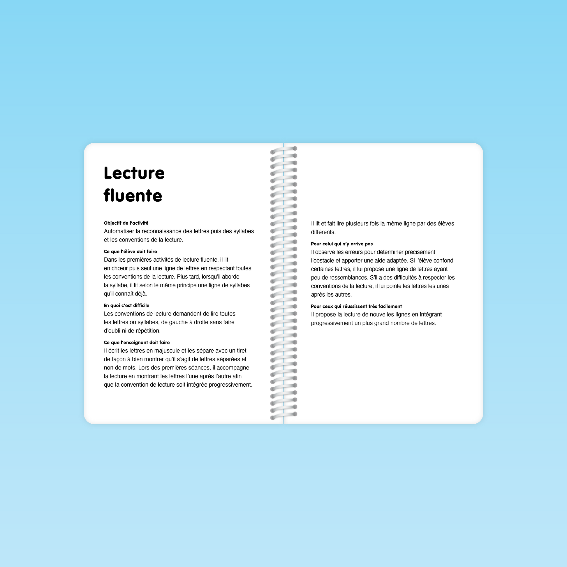 double-page de l’activité « Lecture fluente » du guide de code alphabétique GS avec objectifs, consignes et accompagnement.