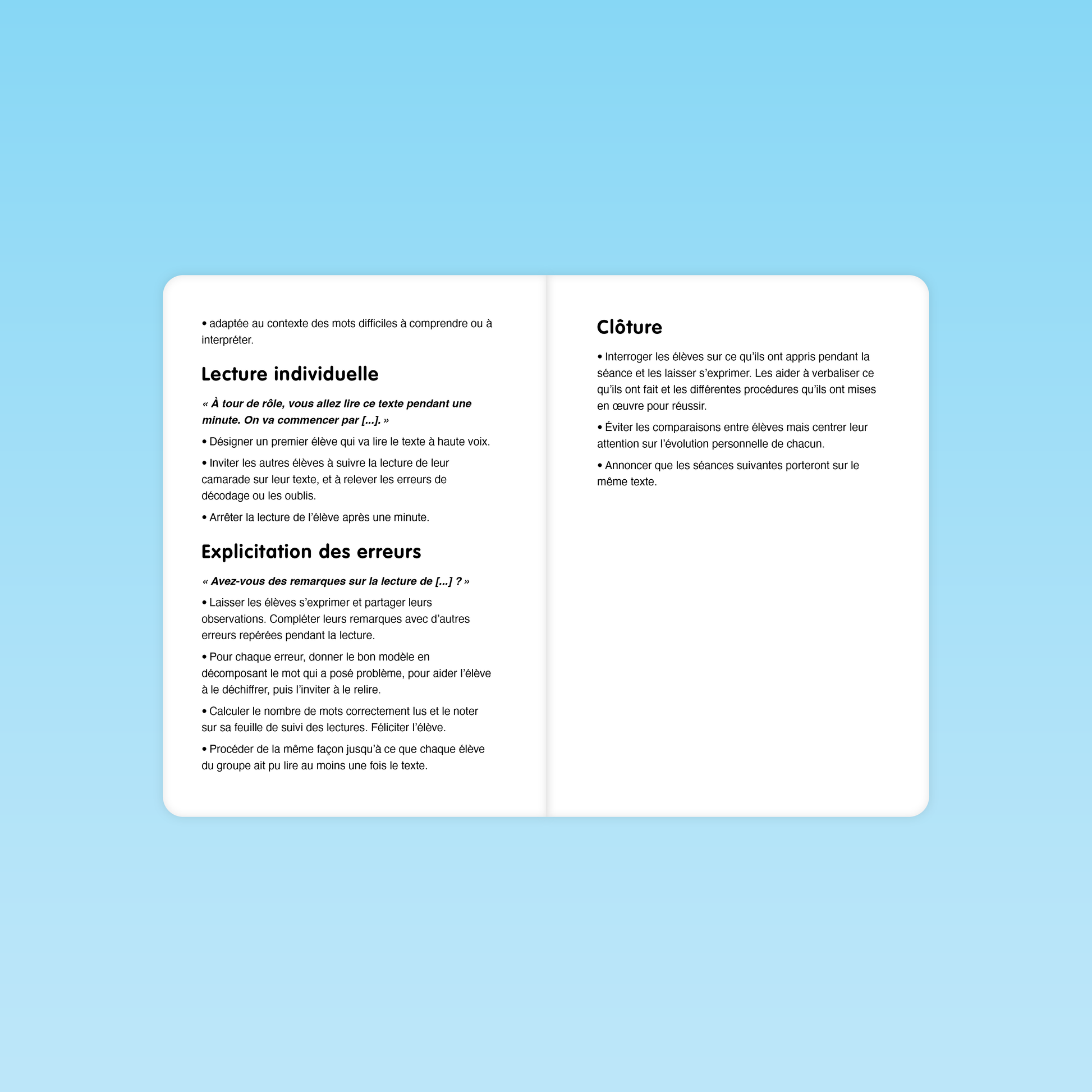 Lecture individuelle et explication des erreurs dans les séances de fluence CE CM avec textes de 80 à 110 mots