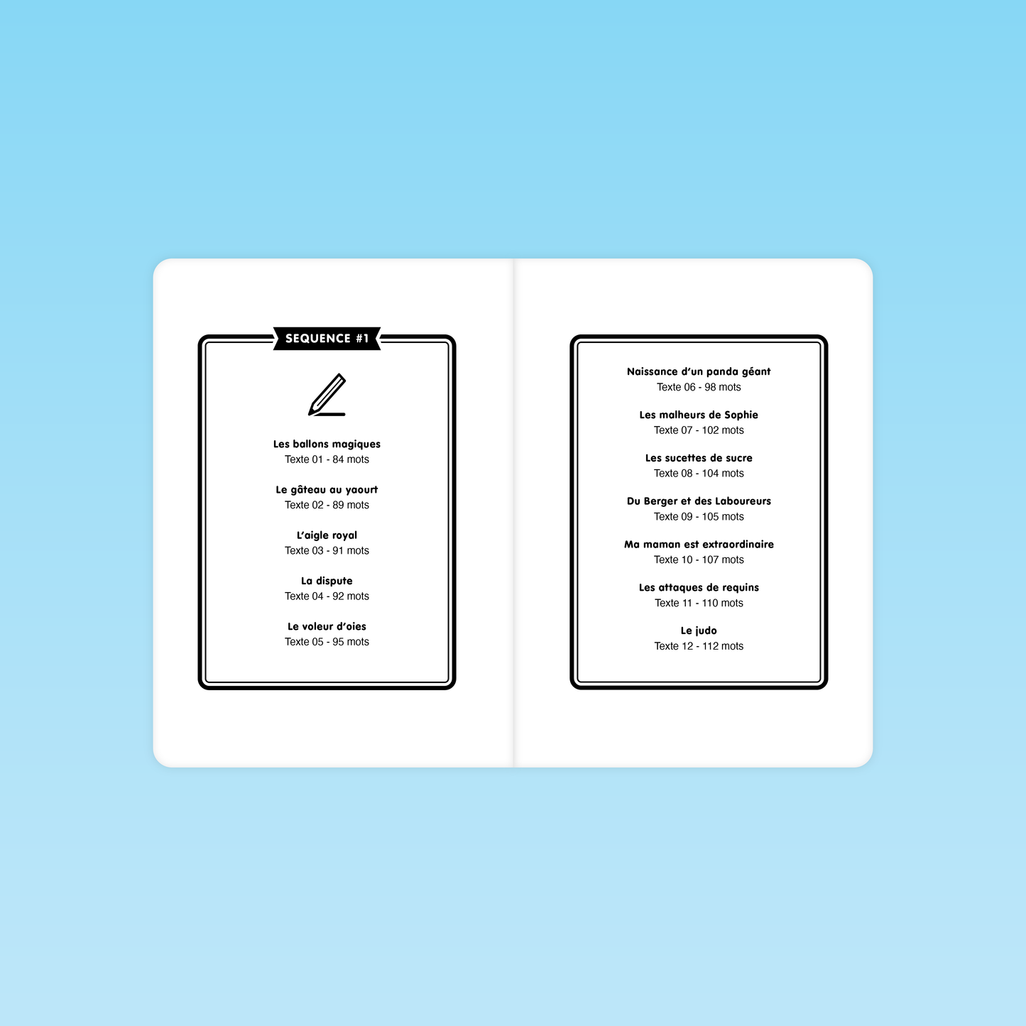 Liste des textes de la séquence 1 pour la fluence CE CM avec 12 textes de 80 à 112 mots, adaptés à l'entraînement à la lecture