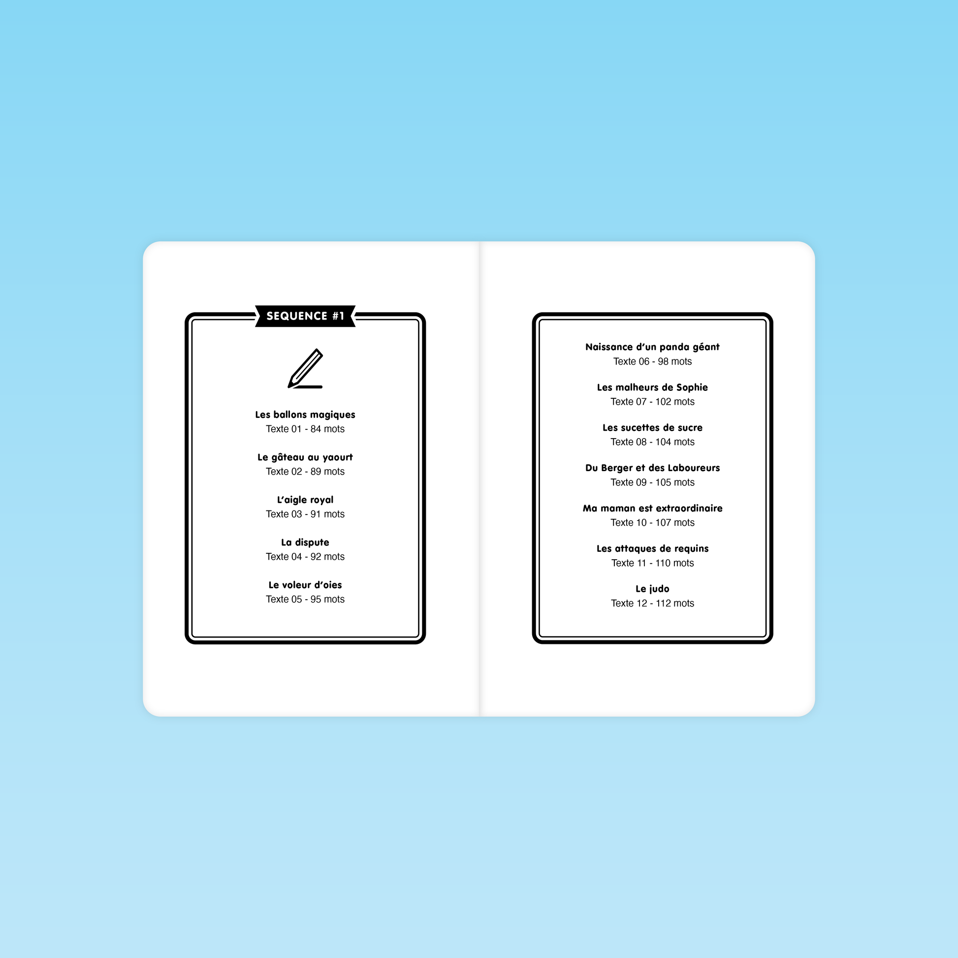 Liste des textes de la séquence 1 pour la fluence CE CM avec 12 textes de 80 à 112 mots, adaptés à l'entraînement à la lecture