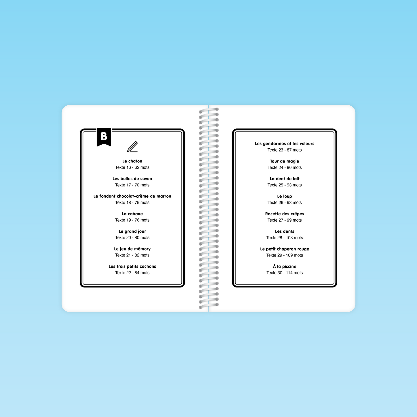 double page du guide Fluence CP / CE montrant la liste des textes du niveau B (16 à 30) avec titres et nombre de mots pour chaque texte