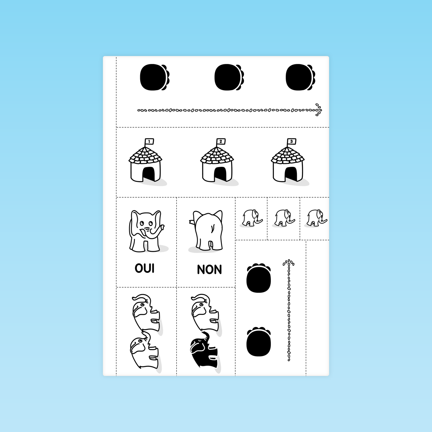 planche à découper avec pictogrammes oui non et personnages pour séance sur la rime