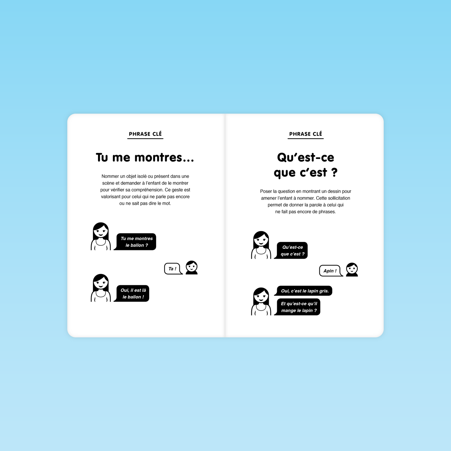 Mémo Parler Bambin avec les phrases clés « Tu me montres… » et « Qu’est-ce que c’est ? » pour stimuler le langage enfantin