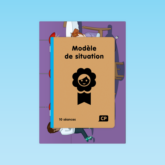 couverture du livret modèle de situation CP 10 séances avec pictogramme enfant et arrière-plan dominos illustrés