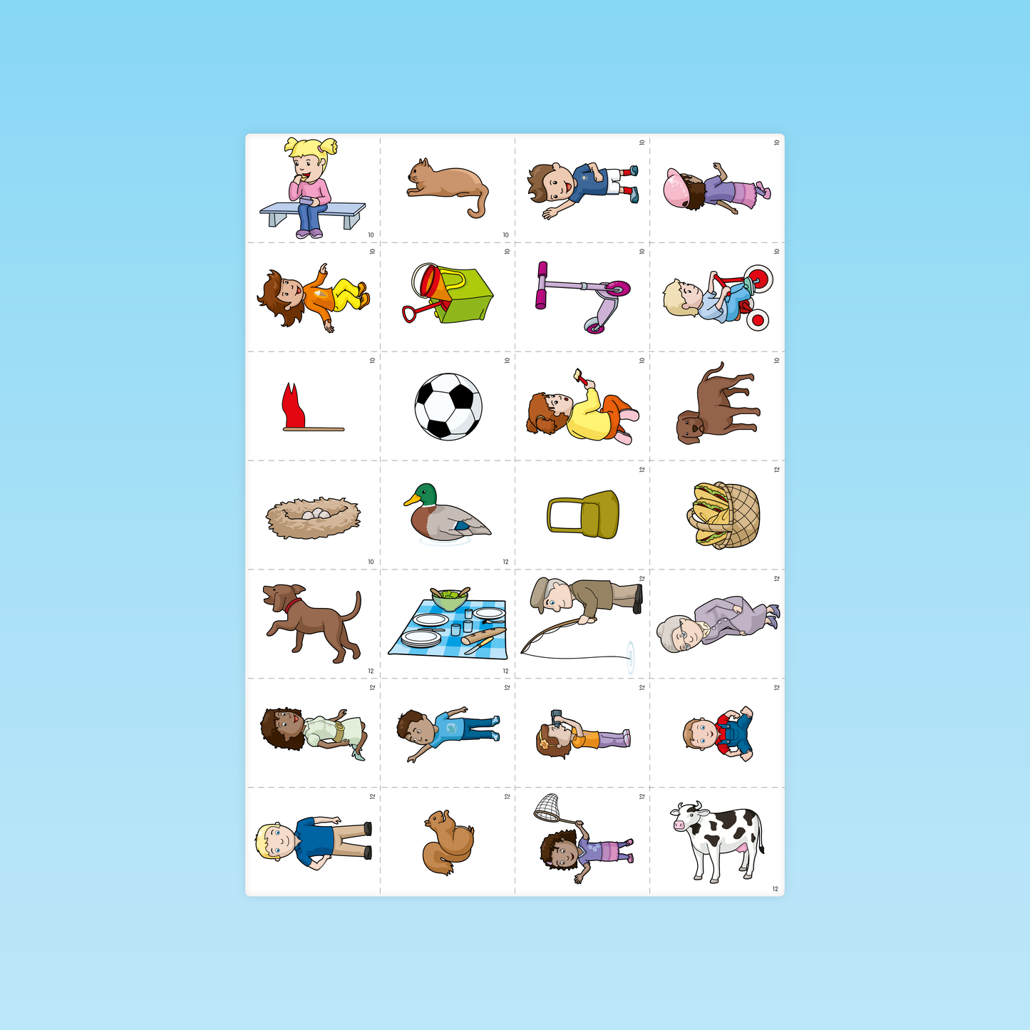 planche à découper cartes images GS avec personnages, objets et animaux variés pour construction du modèle de situation