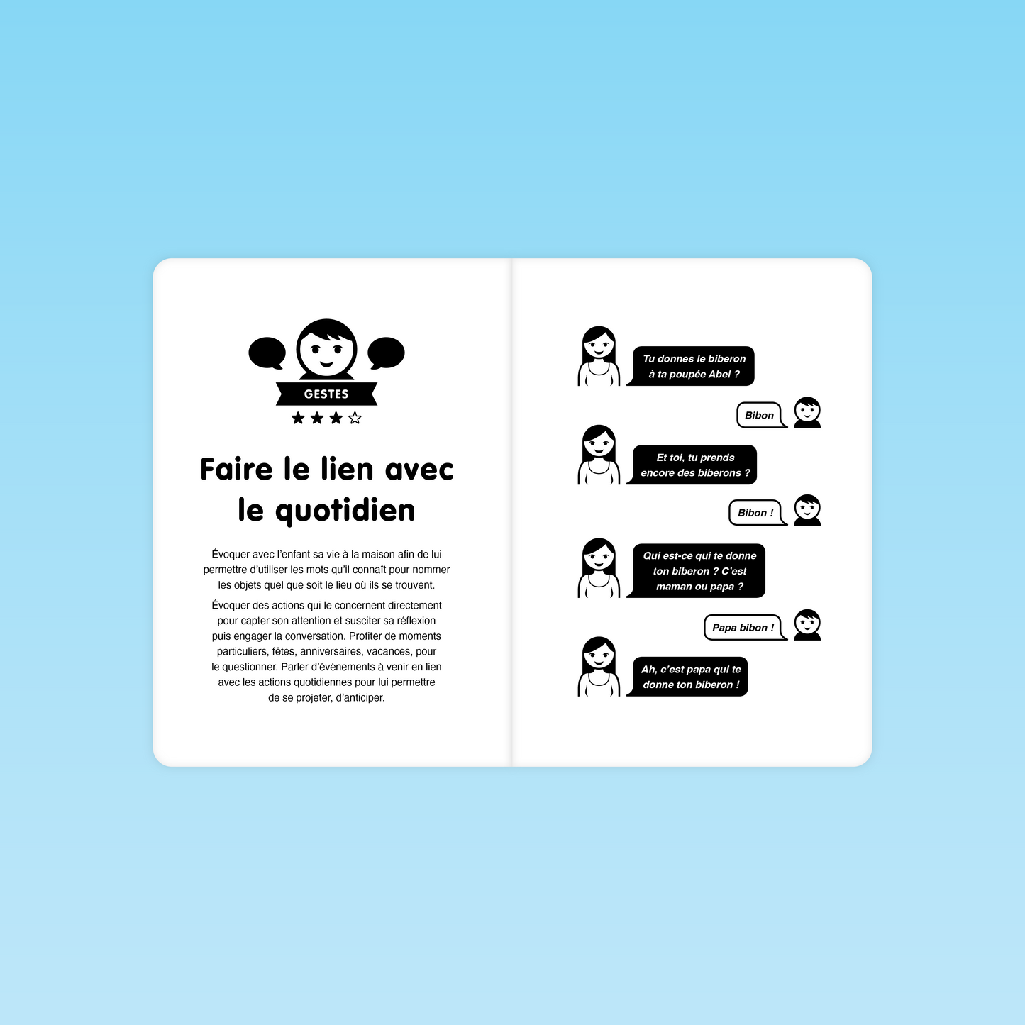 Double page du livret Parler Bambin illustrant le geste langagier « faire le lien avec le quotidien » à travers une scène de dialogue autour du mot « biberon »