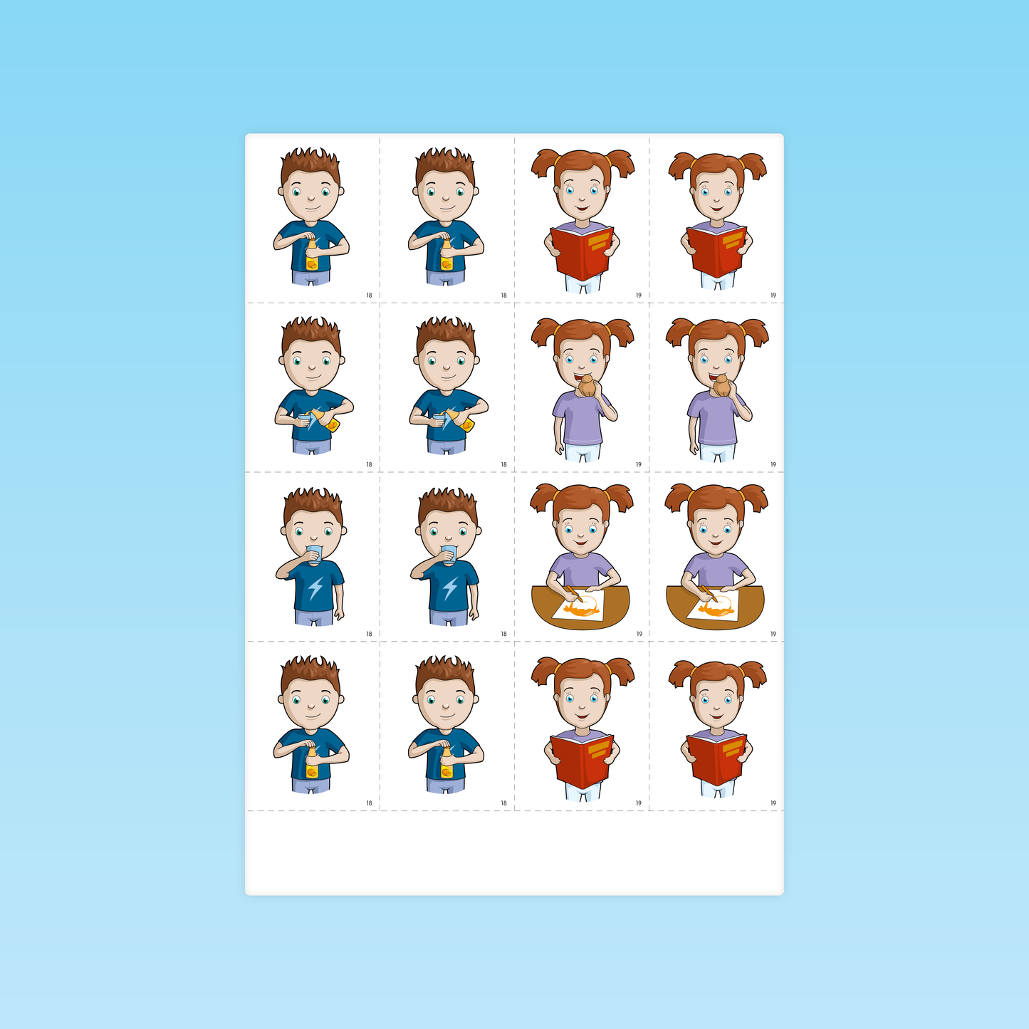 planche de cartes scènes illustrées pour activités sur les connecteurs lexicaux P1 éditions Cigale