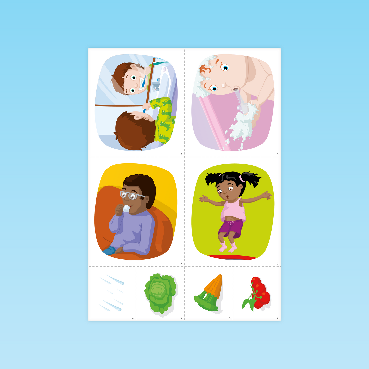 planche de cartes illustrées représentant des actions pour le jeu Qui fait quoi du guide Parler Bambin TPS-PS