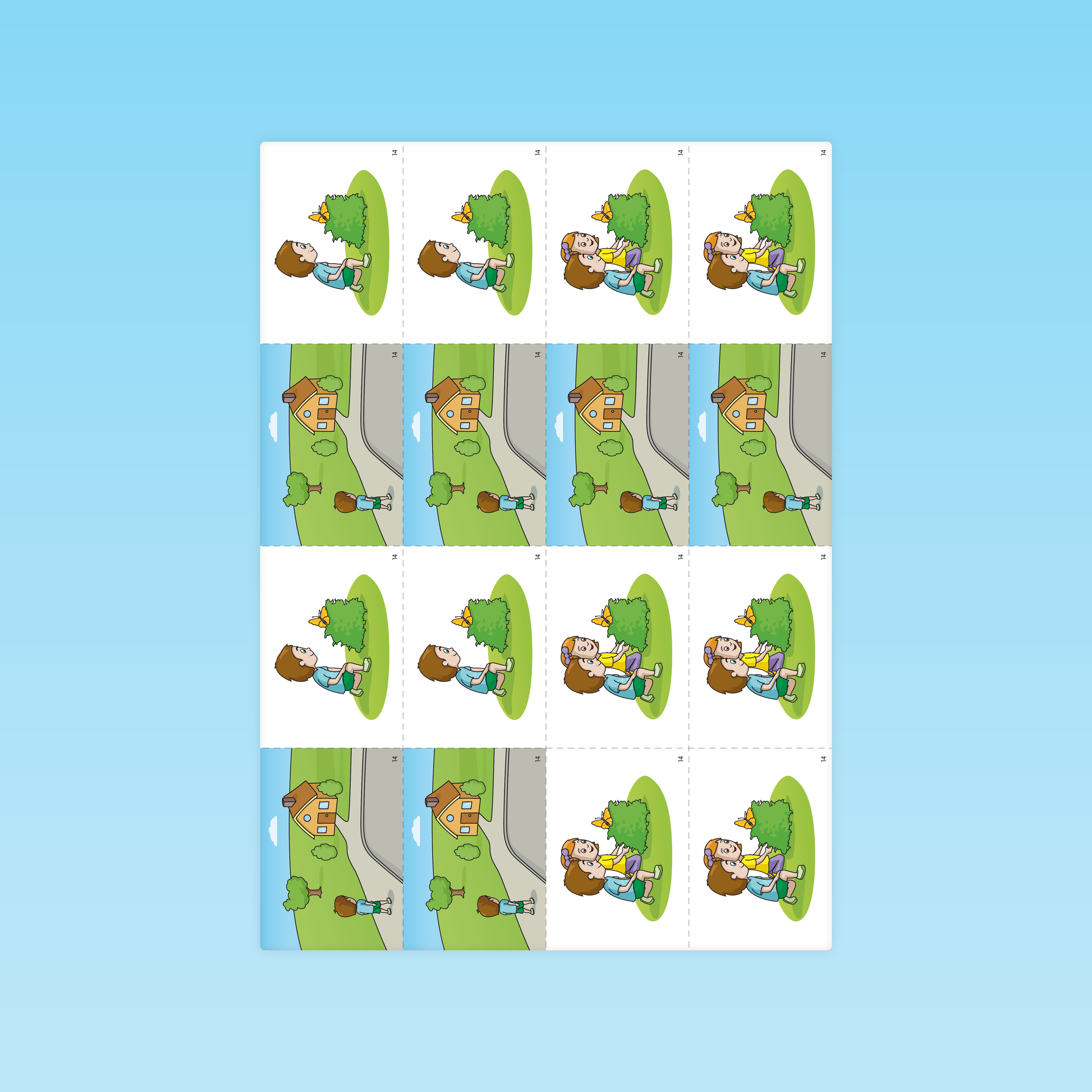 planche d’illustrations pour identifier les connecteurs spatiaux dans des scènes de récit en moyenne section