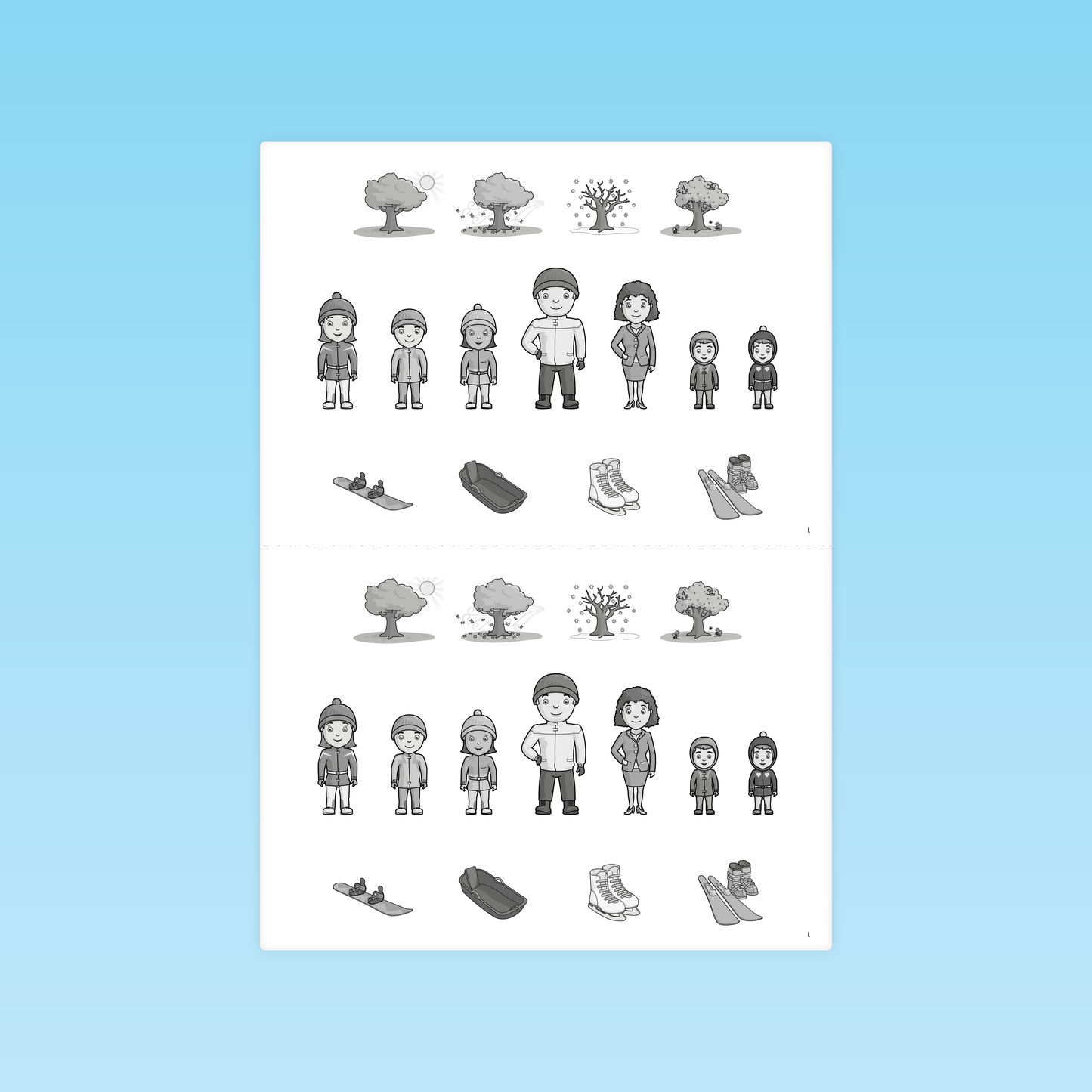 planche d’illustrations à découper avec personnages, saisons et objets pour la compréhension de récit au CP