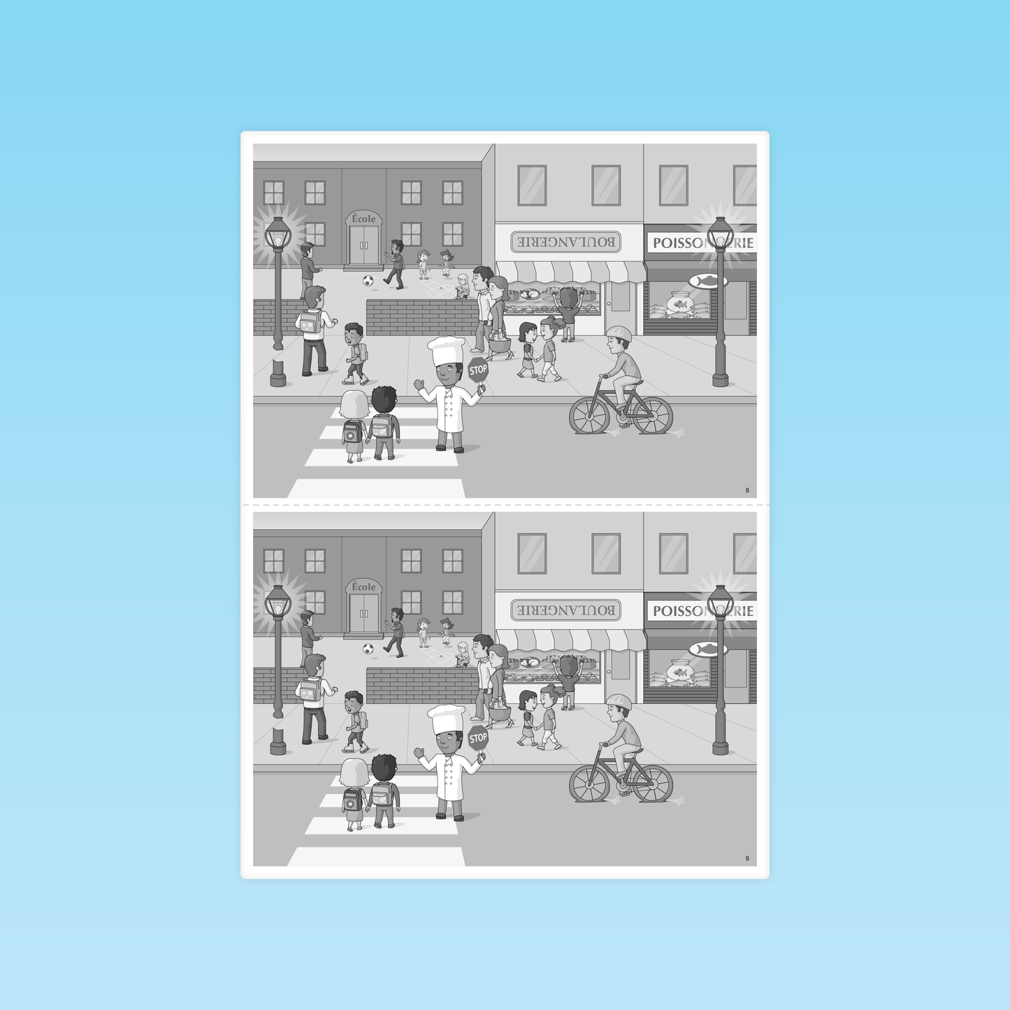 Planche en noir et blanc avec deux versions d’une scène de rue pour l’activité de recherche d’anomalies du guide Modèle de situation P1