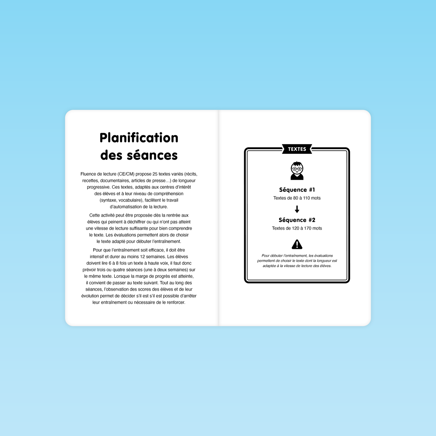 Planification des séances de fluence en lecture CE CM avec progression de textes de 80 à 110 mots pour un entraînement structuré