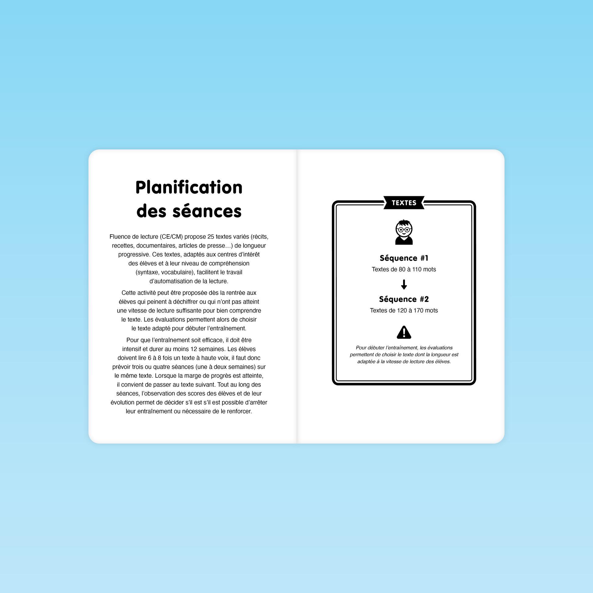 Planification des séances de fluence en lecture CE CM avec progression de textes de 80 à 110 mots pour un entraînement structuré