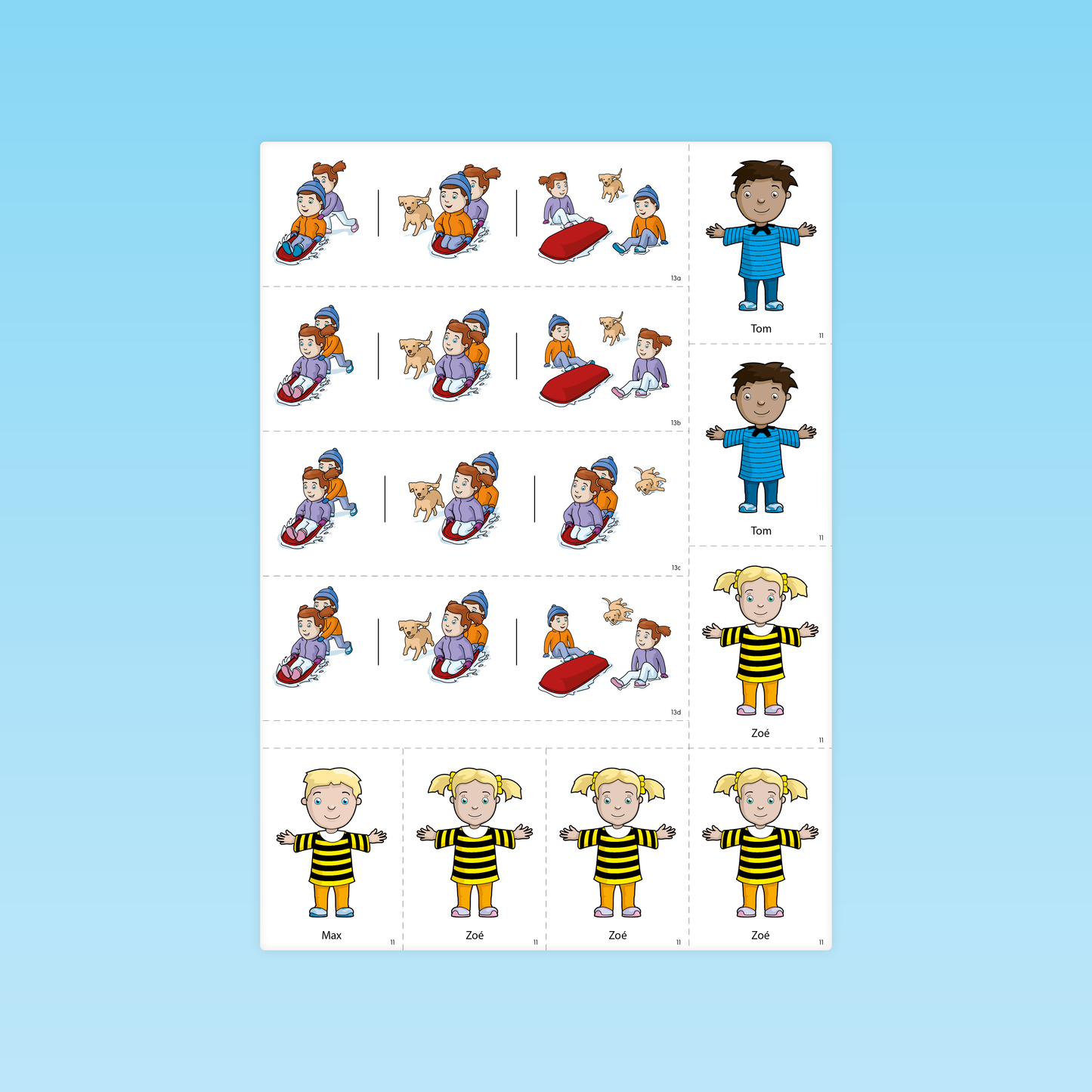 Cartes à découper avec enfants et scènes illustrées pour identifier la bande dessinée correcte dans le guide Raisonnement logique CP P1