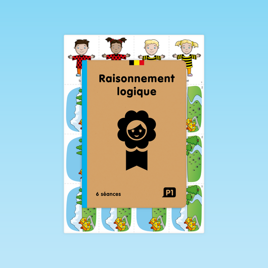 Couverture du guide pédagogique Raisonnement logique CP P1 avec personnages illustrés et cartes support