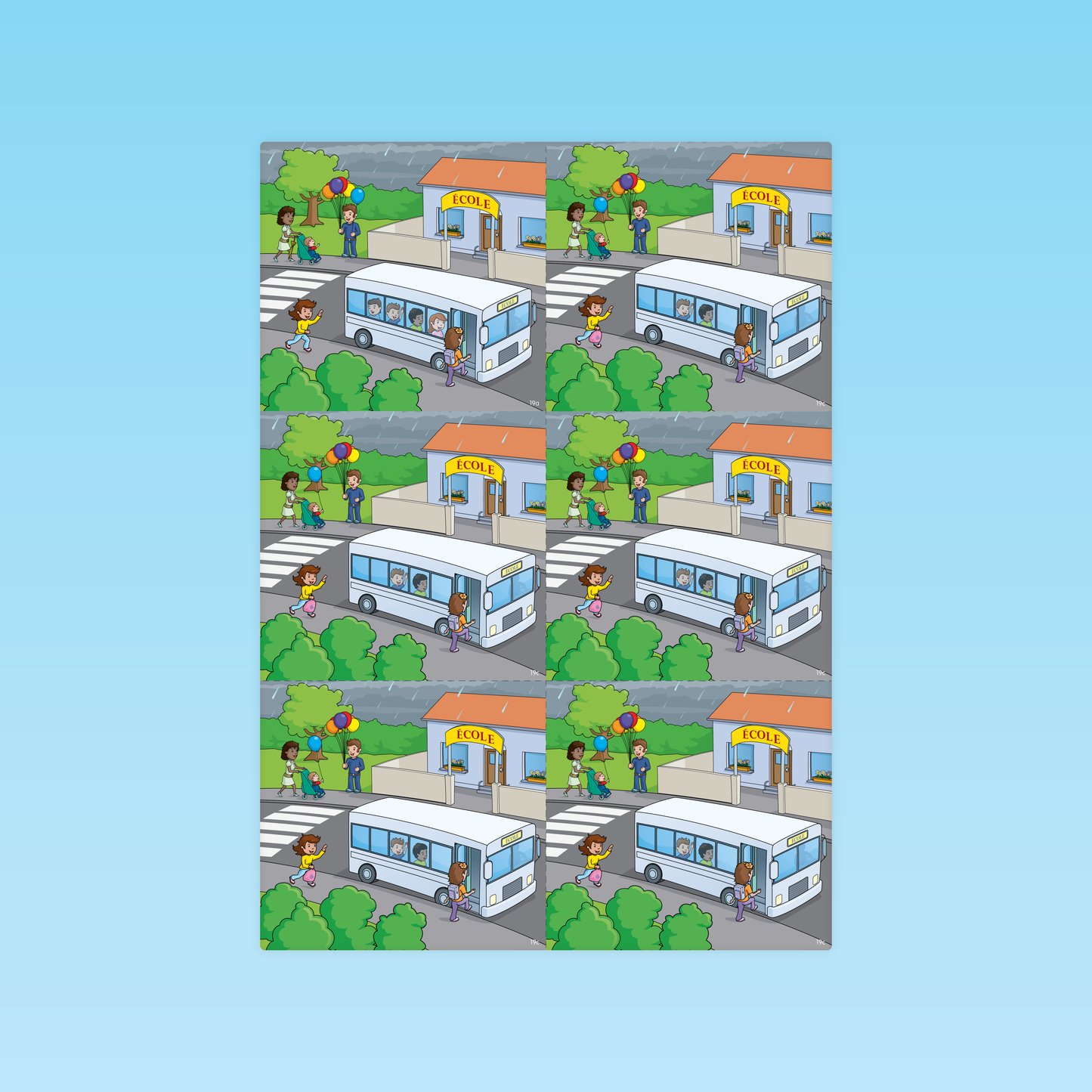 planche à découper raisonnement logique GS avec huit variations de scènes arrivée à l’école et bus pour entraînement au raisonnement