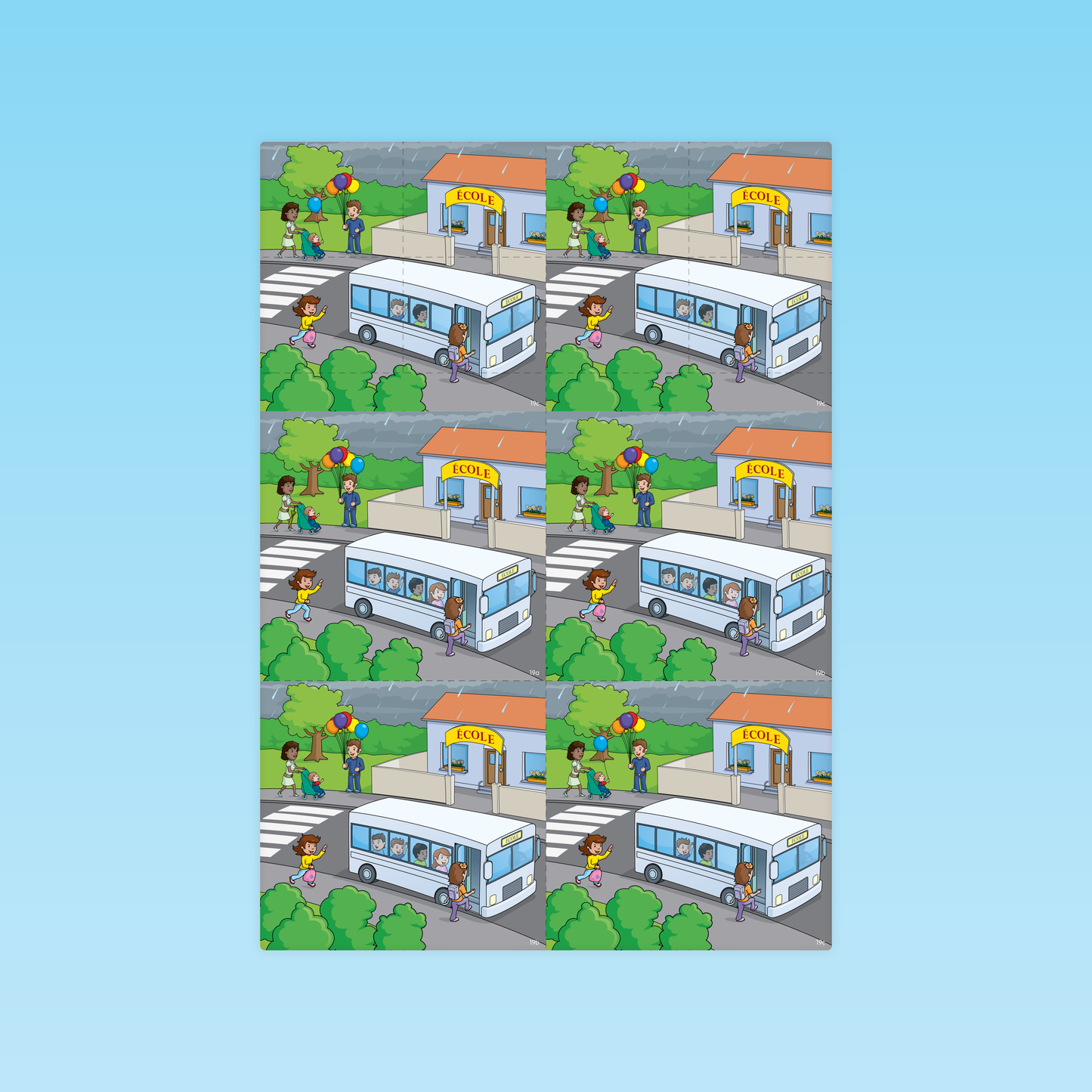 cartes à découper illustrant des enfants arrivant à l’école en bus pour l’activité de raisonnement logique M3