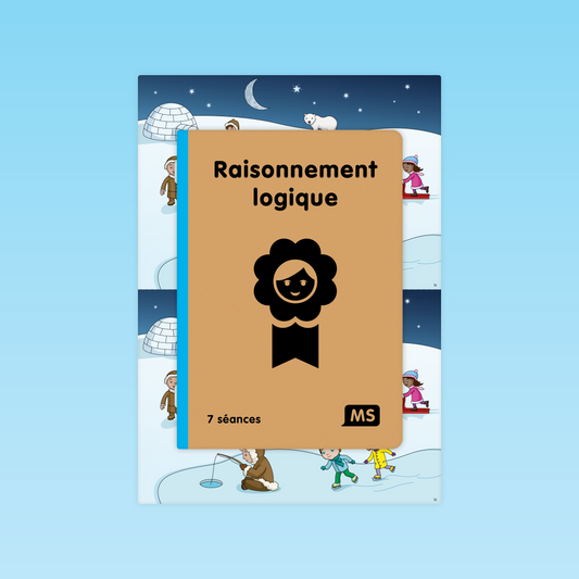 couverture du livret raisonnement logique MS 7 séances avec pictogramme enfant et arrière-plan scènes polaires