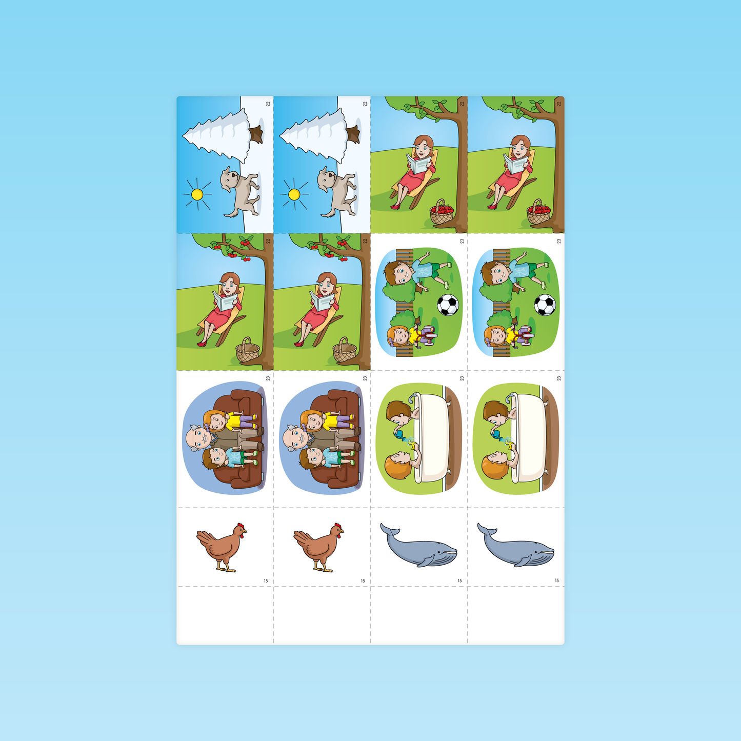 planche à découper suite des cartes de scènes raisonnement logique MS avec personnages, animaux et objets pour entraînement