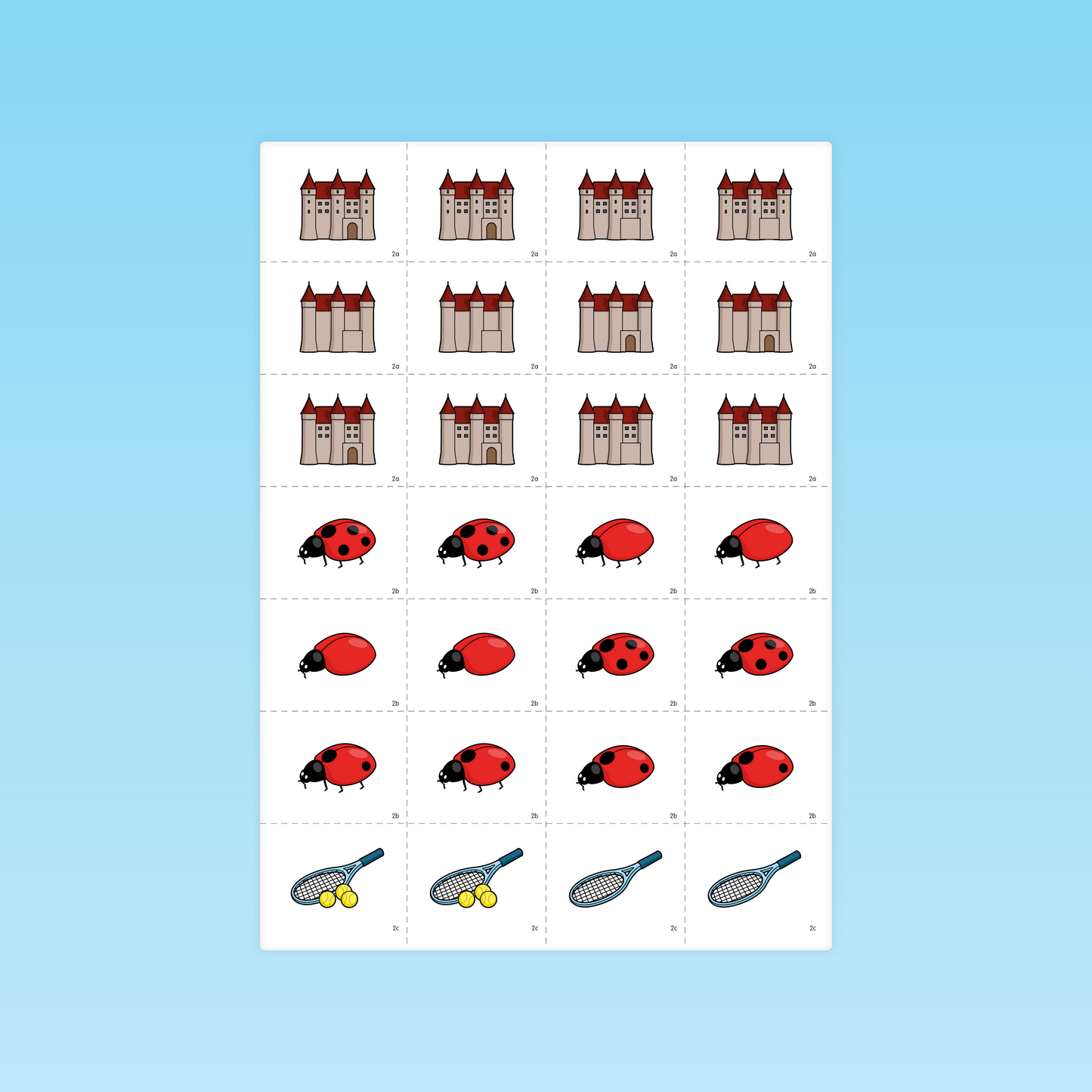 Fiche MS pour retrouver les paires identiques (châteaux, coccinelles, raquettes)