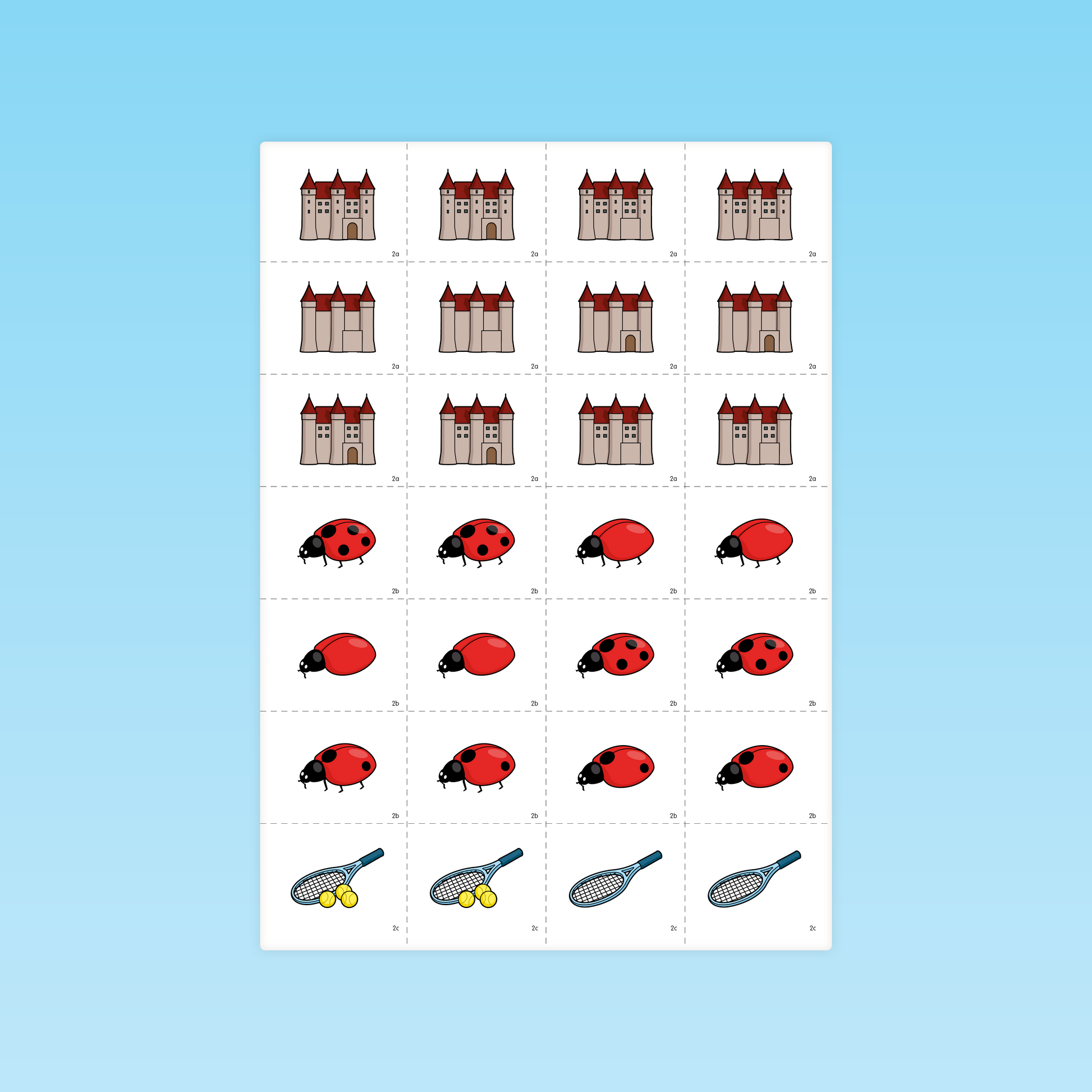 Fiche MS pour retrouver les paires identiques (châteaux, coccinelles, raquettes)