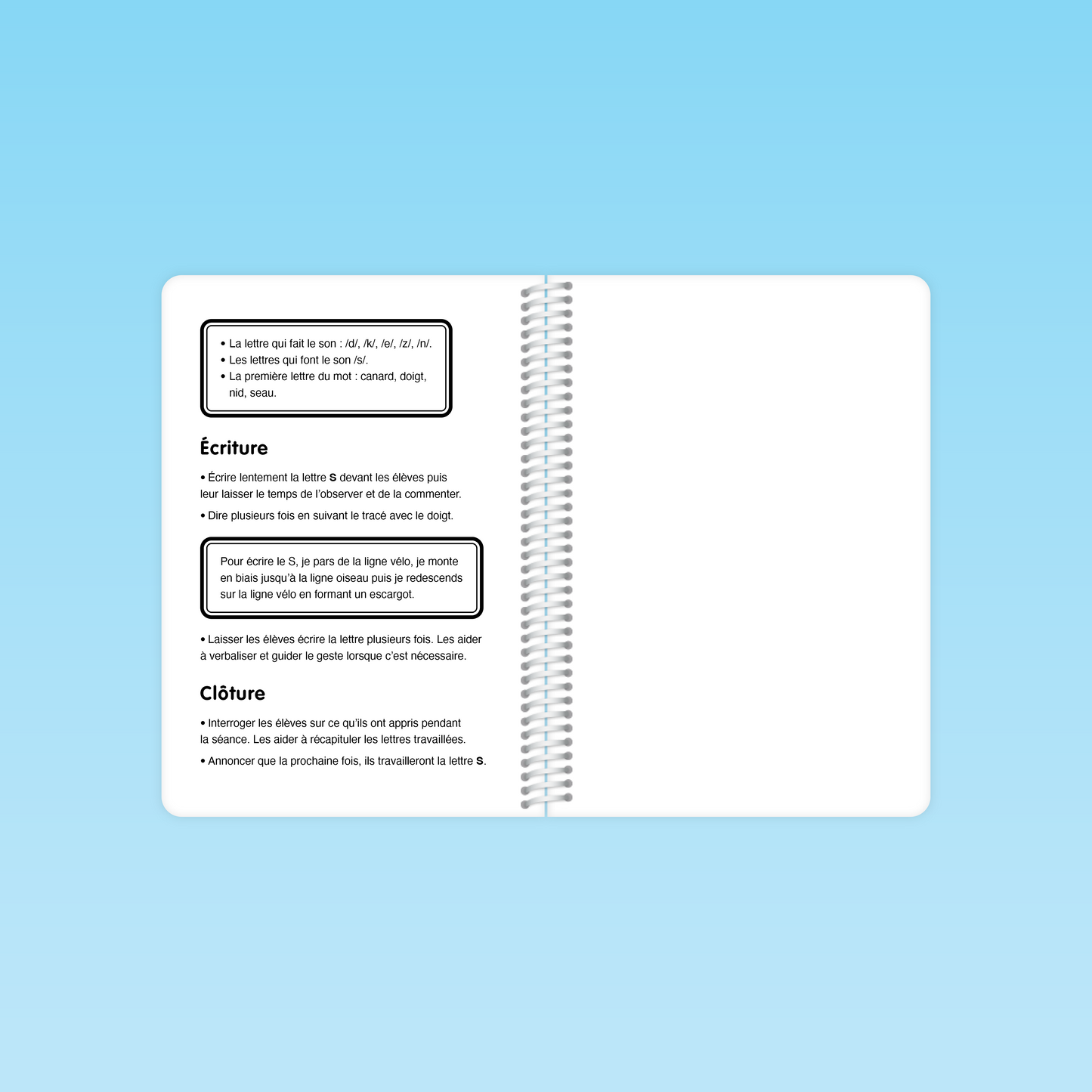 double-page de la séance 26 du guide code alphabétique GS présentant les consignes d’écriture de la lettre S (traçage en escargot) et la phase de clôture.