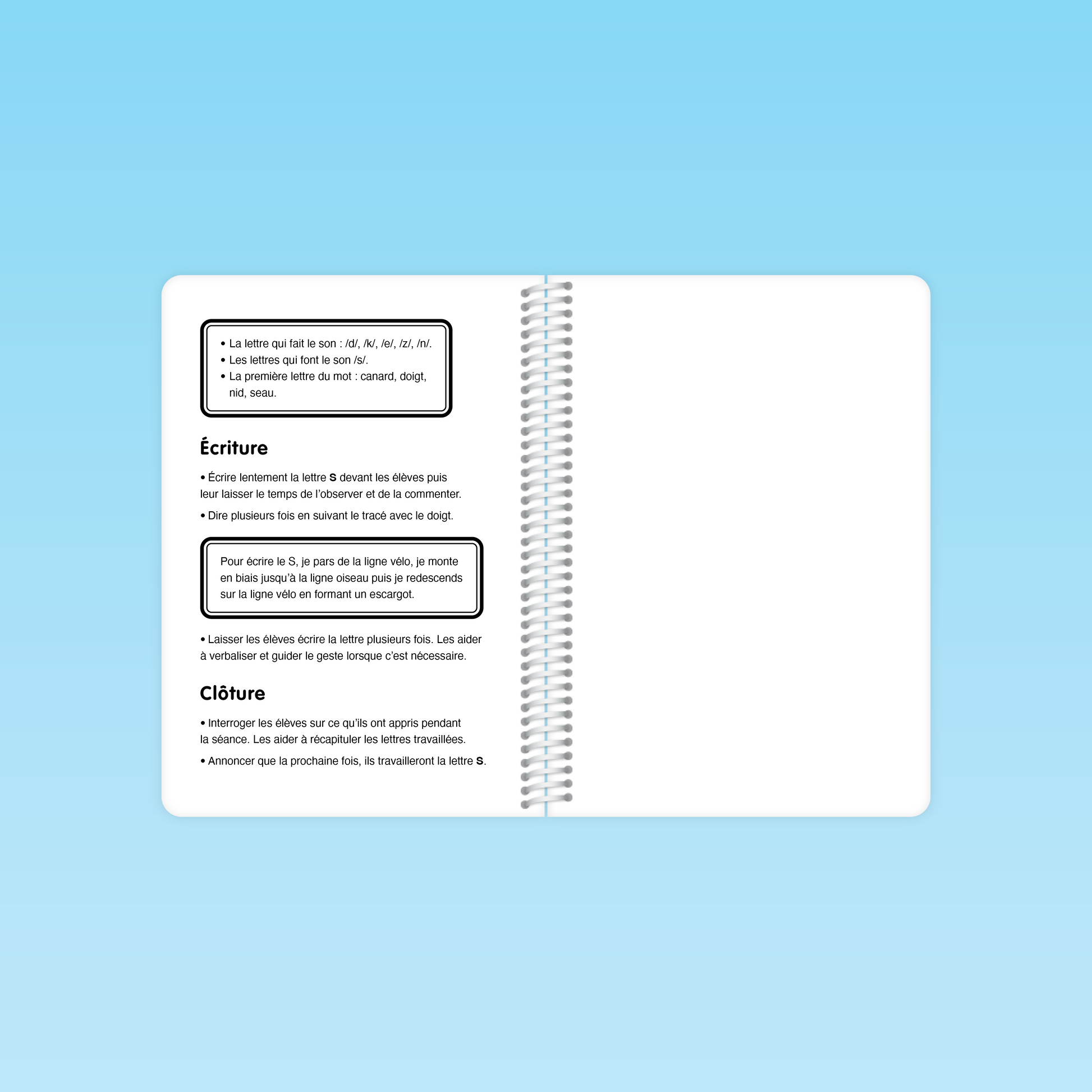 double-page de la séance 26 du guide code alphabétique GS présentant les consignes d’écriture de la lettre S (traçage en escargot) et la phase de clôture.