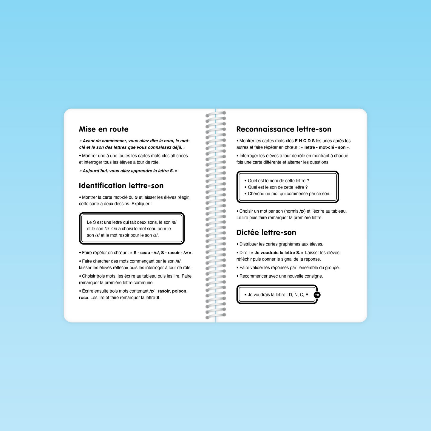 double-page de la séance 26 du guide code alphabétique GS présentant la mise en route et l’identification lettre-son de la lettre S (son /s/ et /z/) avec exemples.