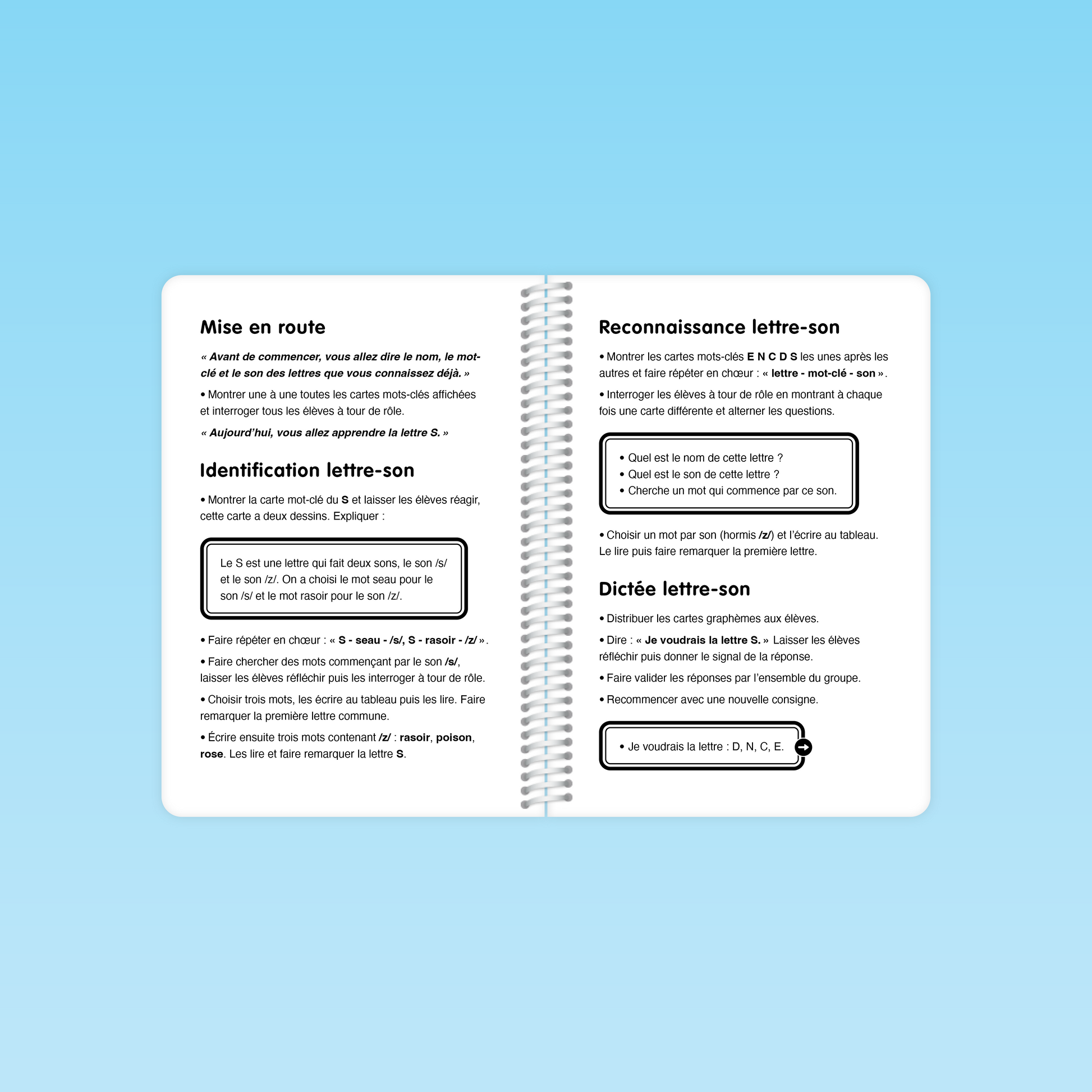 double-page de la séance 26 du guide code alphabétique GS présentant la mise en route et l’identification lettre-son de la lettre S (son /s/ et /z/) avec exemples.