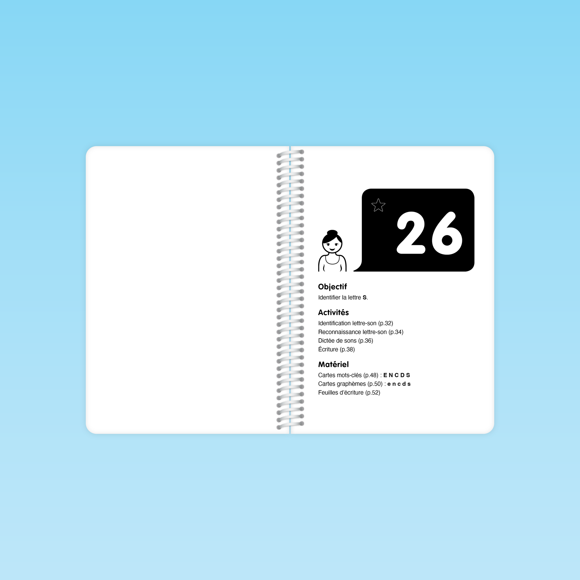 double-page de la séance 26 du guide code alphabétique GS détaillant l’objectif d’identifier la lettre S, les activités (identification, dictée, écriture) et le matériel requis.