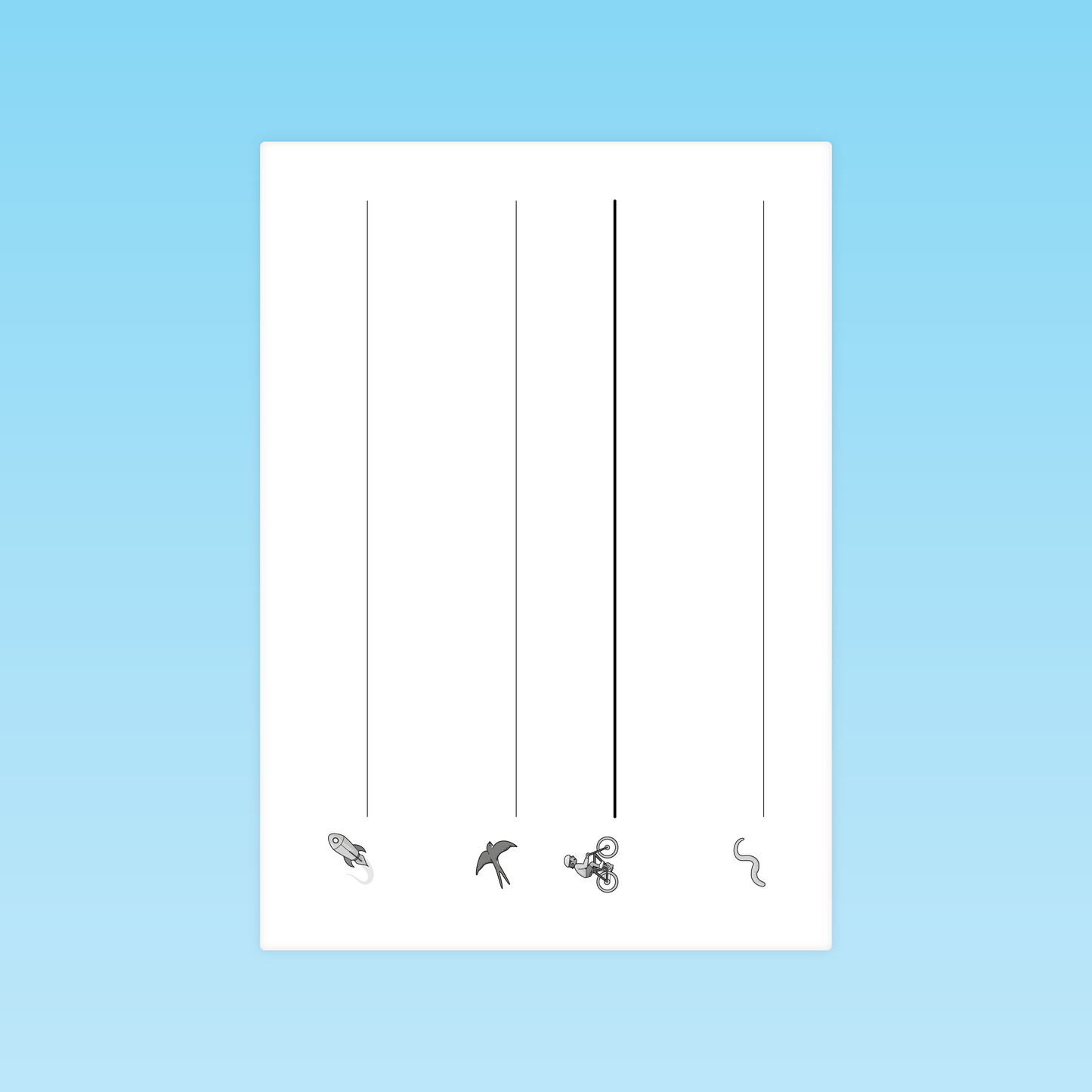 illustration activité lecture mots GS : suivre des chemins verticaux pour relier des objets (fusée, hirondelle, vélo, ver)