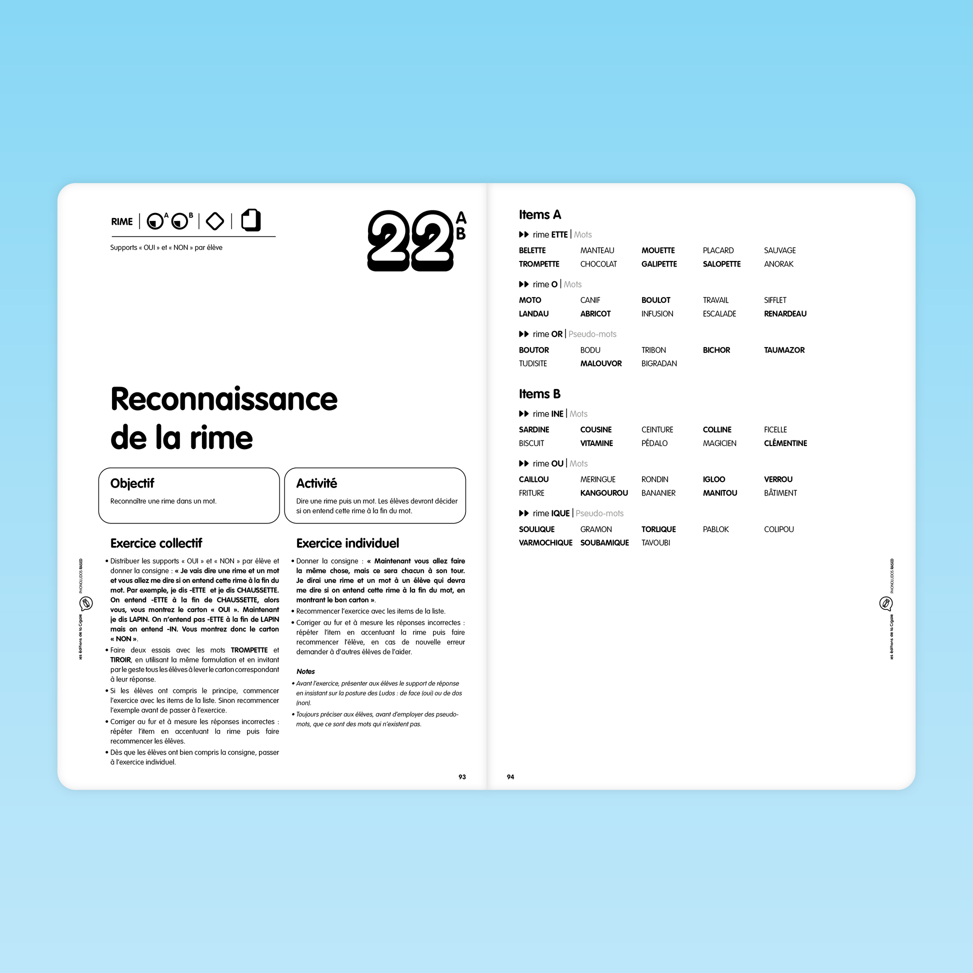 activité de reconnaissance de la rime dans les mots avec mots et pseudo-mots