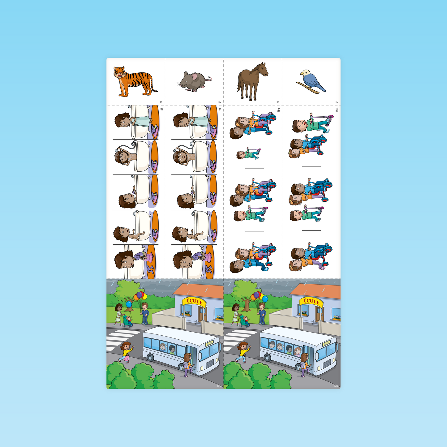 supports élèves M3 avec cartes images séquentielles pour devinettes et scène d’école à comparer pour compréhension de la langue