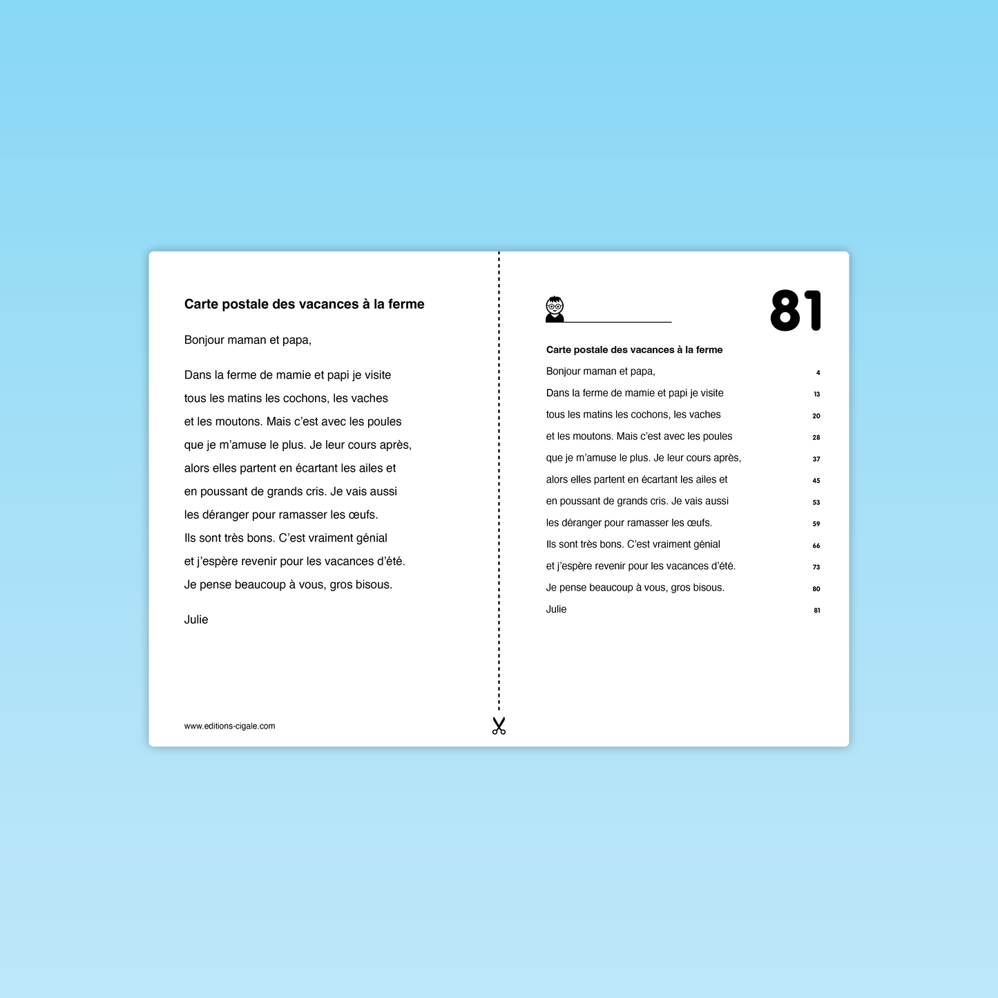 Versions différenciées du texte Carte postale des vacances à la ferme – lecture fluide et syllabée